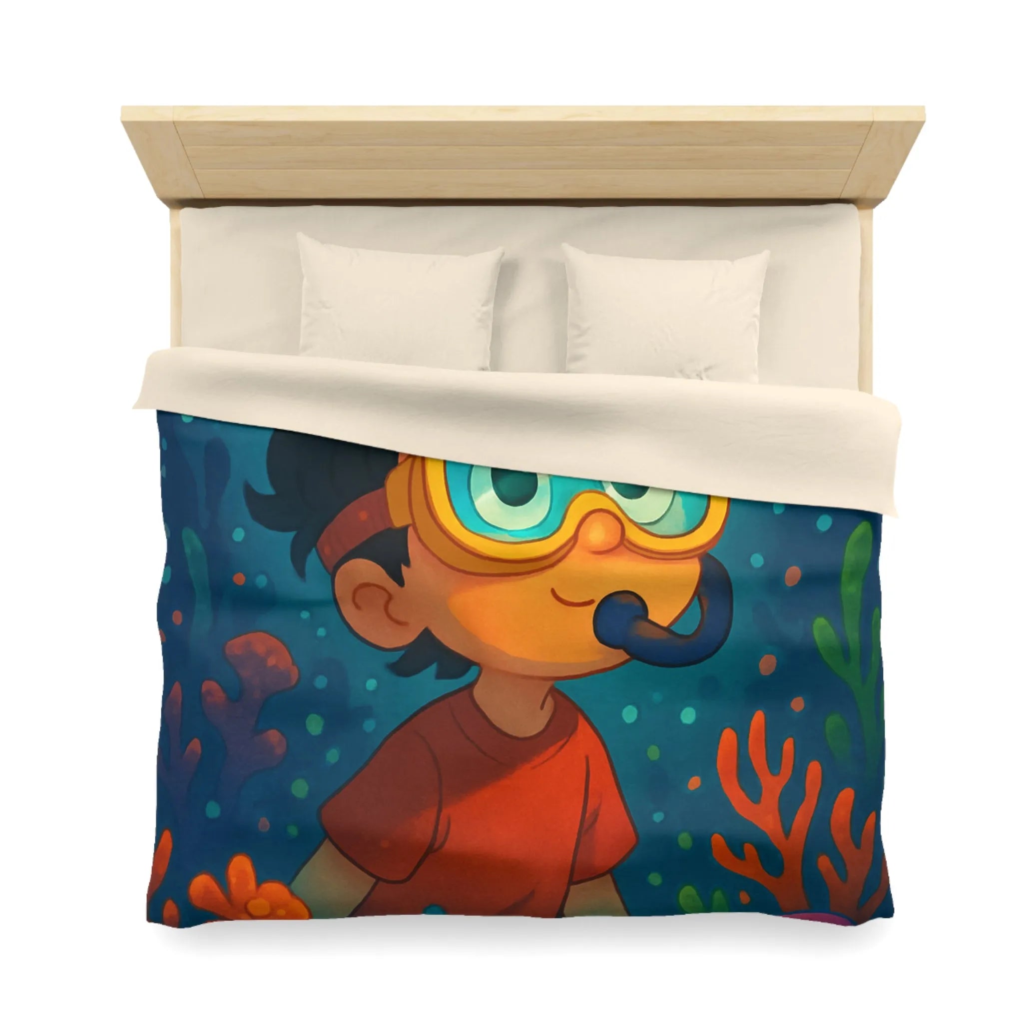 Housse de couette enfantine avec motif sous-marin coloré poisson et garçon plongeur dessiné