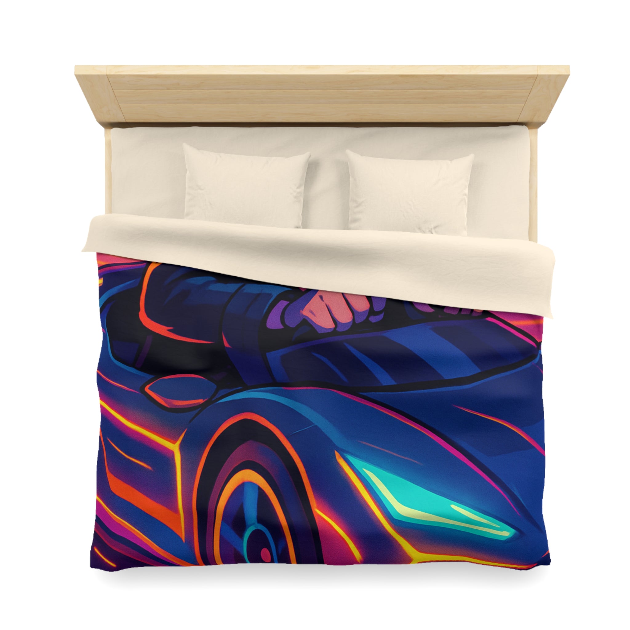 Housse de couette urbaine rétro futuriste avec néons et voiture sportive élégante