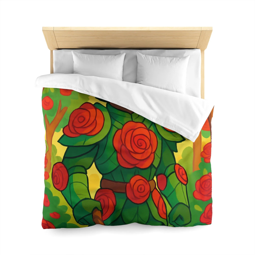 Housse de couette au design chevalier floral avec roses rouges et feuillage vert