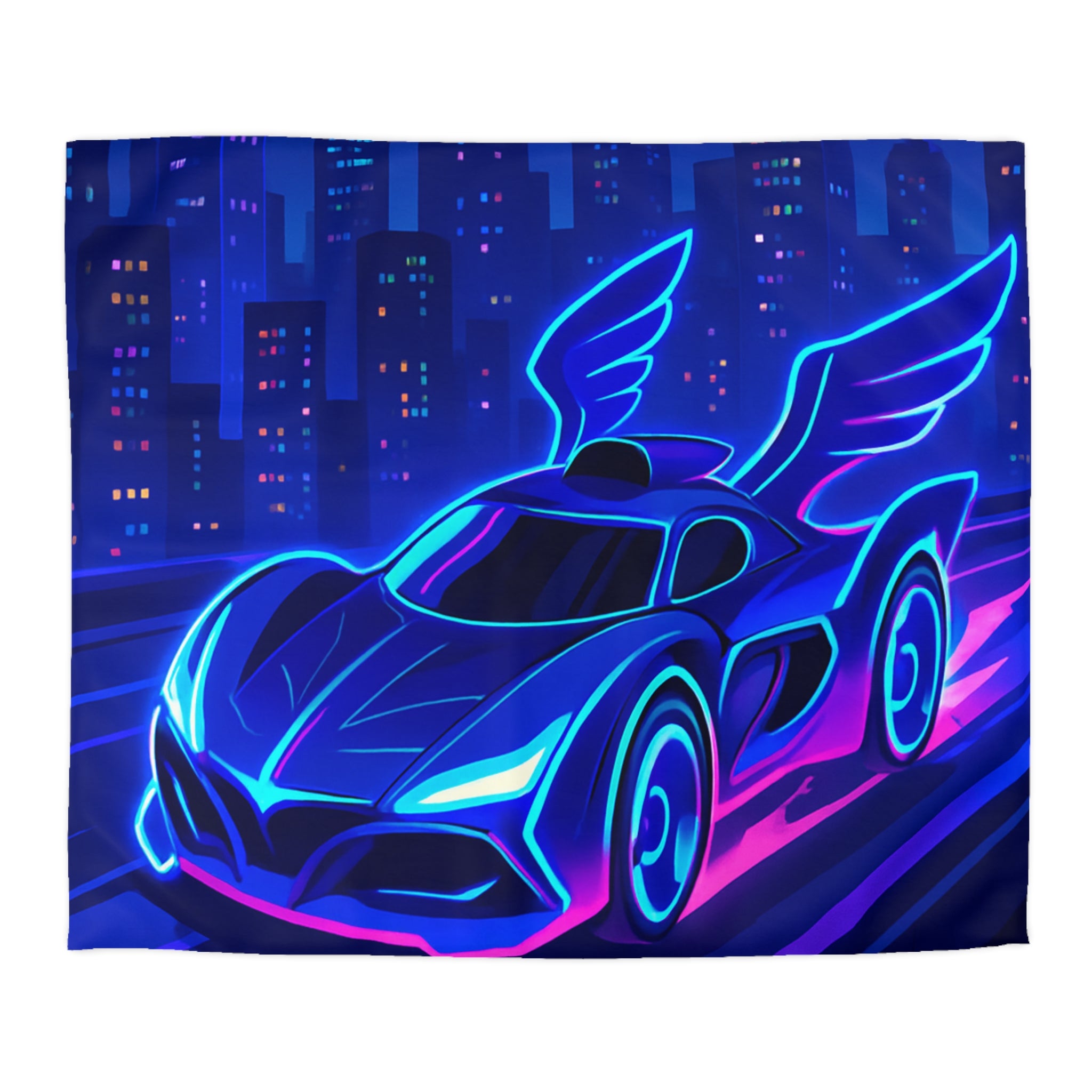 Housse de couette néon voiture futuriste volant dans une ville aux reflets lumineux