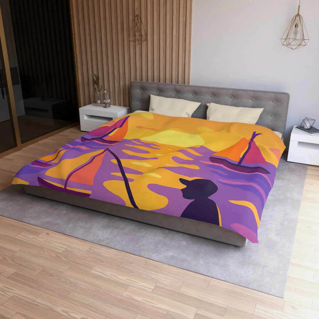 Housse de couette colorée avec voiliers et coucher de soleil magnifique au bord de l'eau