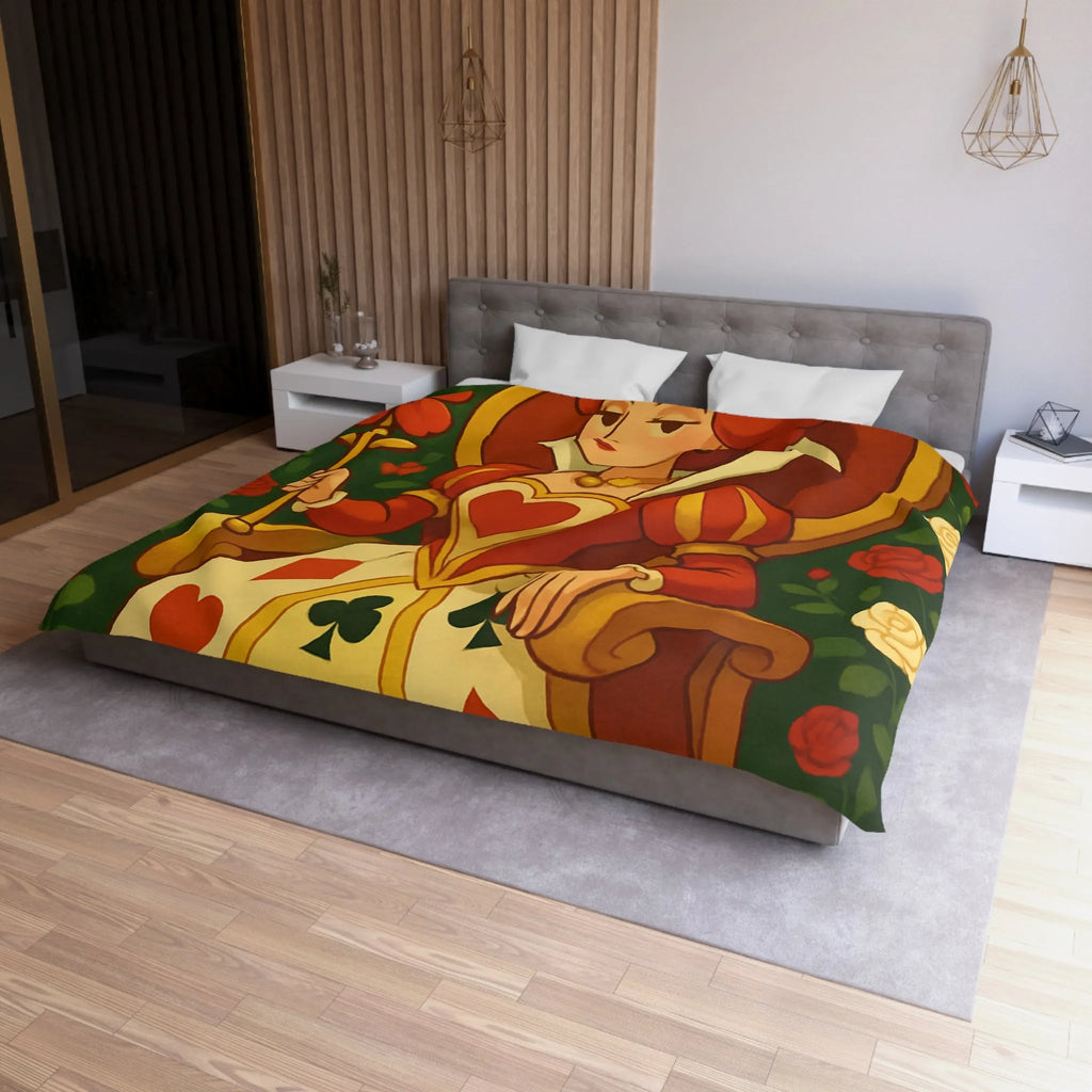 Élégante et royale housse de couette reine avec motifs coeurs détails rouge vibrant