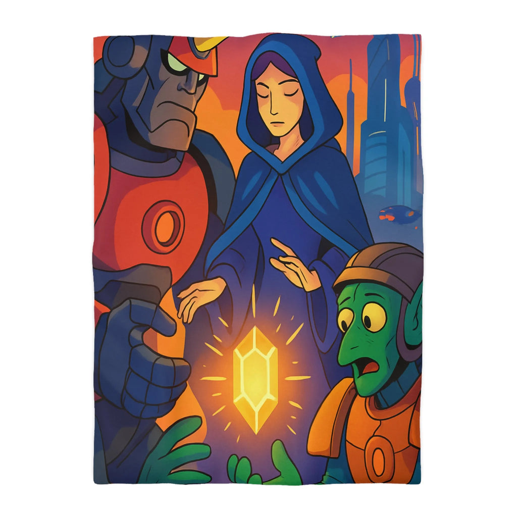 Housse de couette colorée avec illustration futuriste d'artefact mystérieux et personnages intrigants