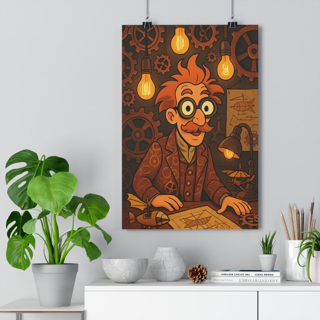 Poster décoratif steampunk rétrofuturiste brun orange bureau atelier inventeur ambiance moustache lunettes mécanique 30x46
