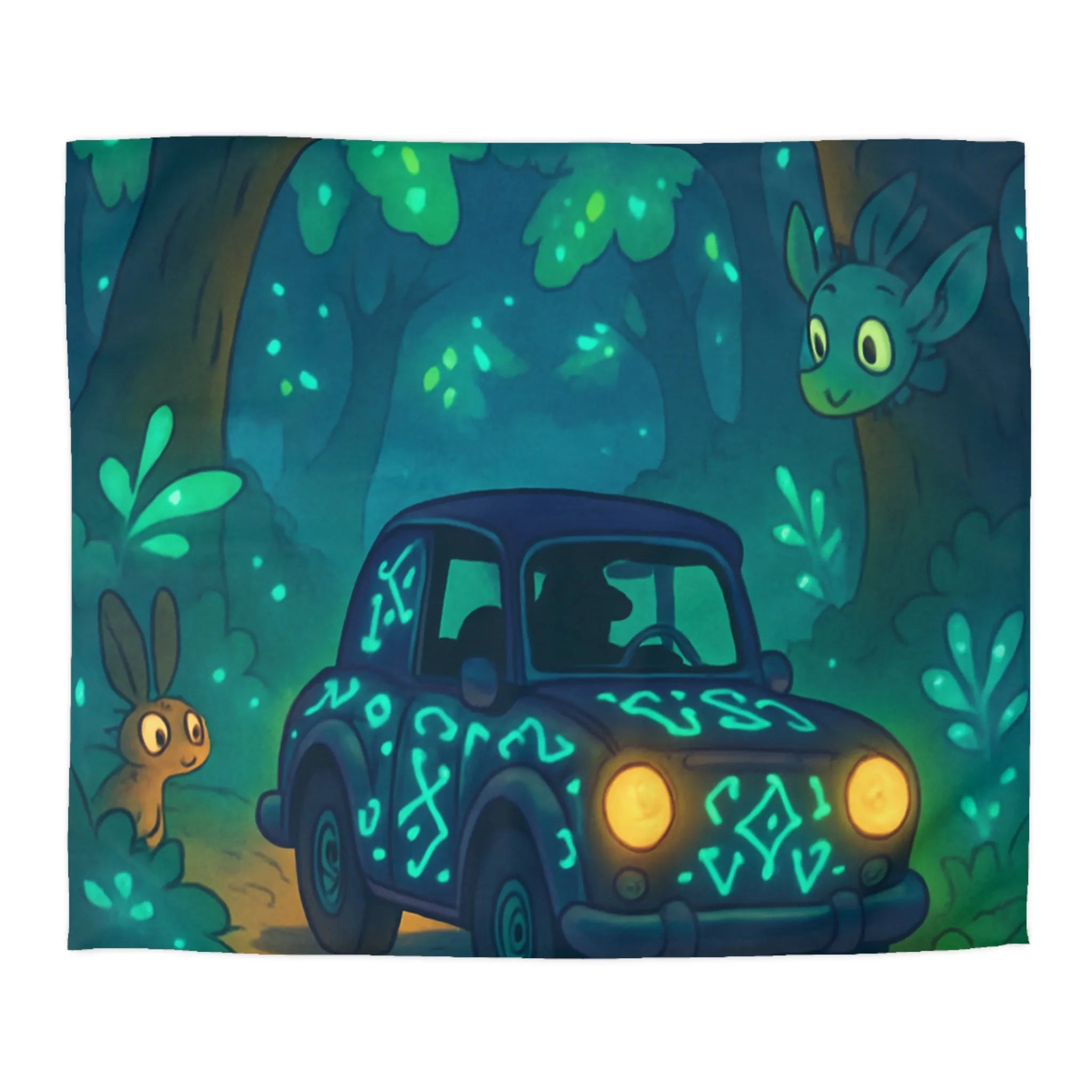 Housse de Couette Enchantée avec Voiture Vintage et Animaux dans Forêt Magique