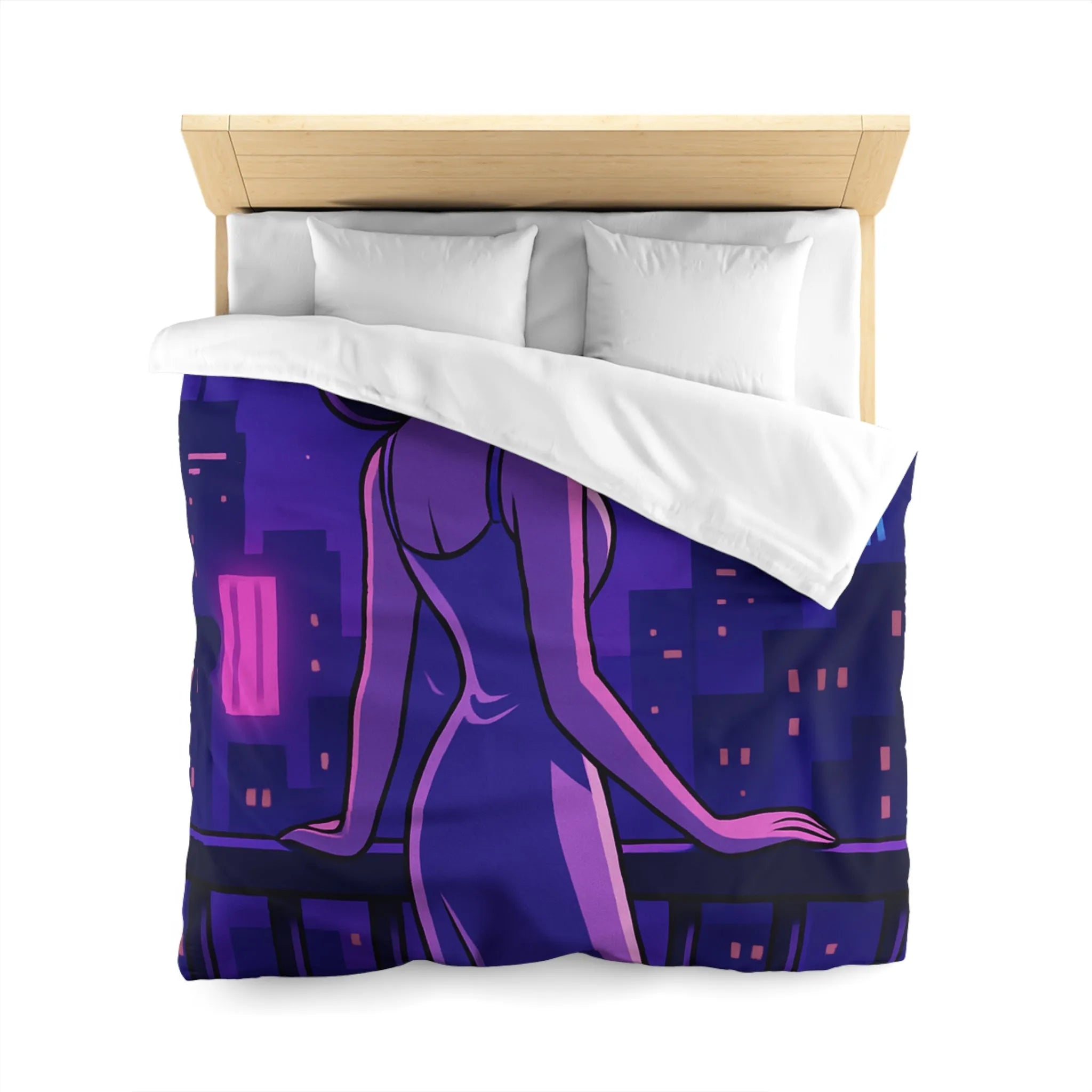 Housse de couette avec femme contemplant ville nocturne éclairée, style rétro futuriste animé