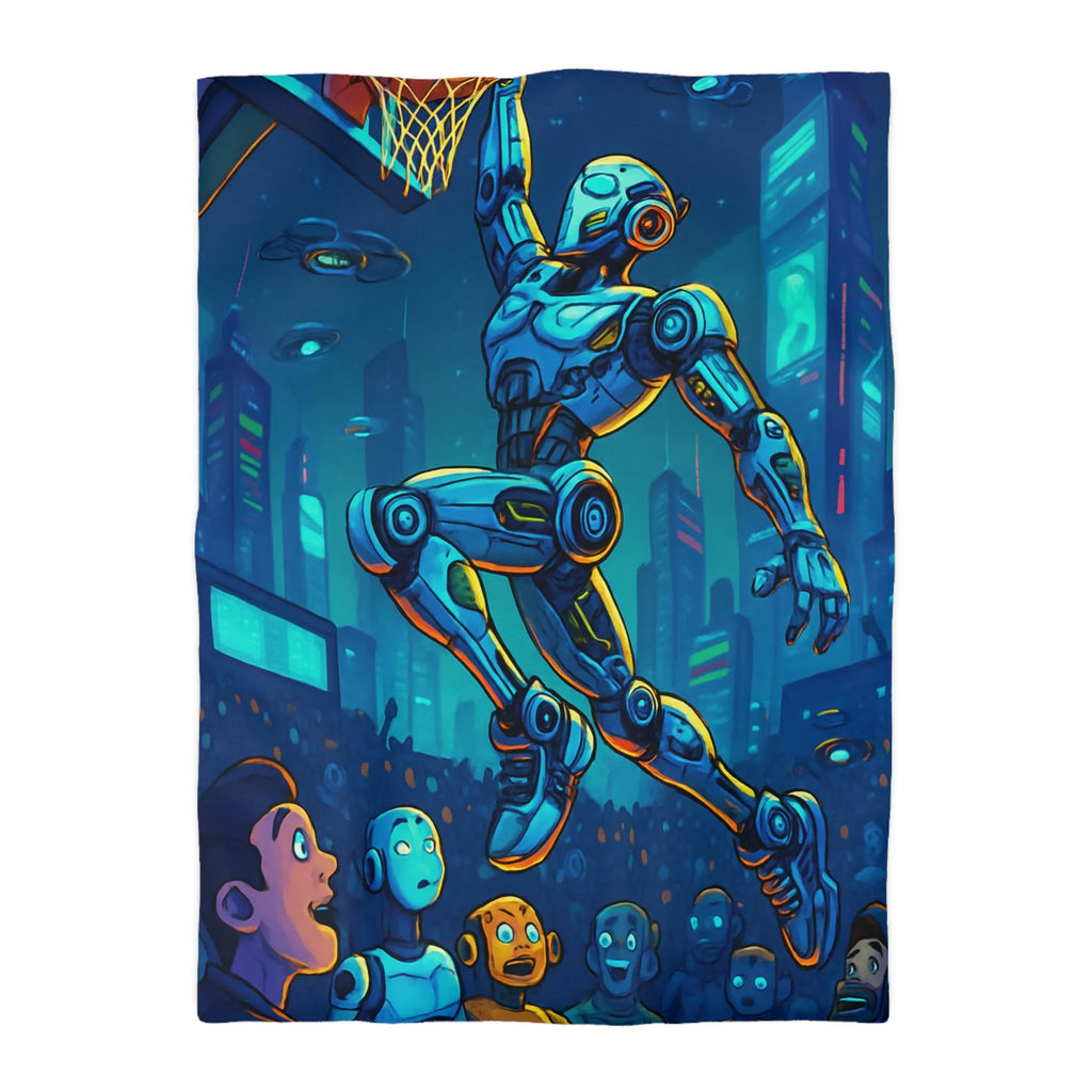 Housse de couette futuriste avec robot jouant au basket dans une ville lumineuse