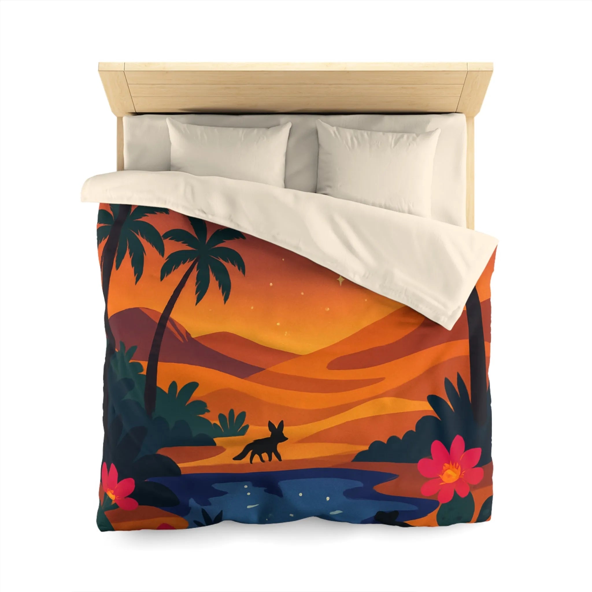 Housse de couette exotique avec paysage désertique et palmiers sous ciel étoilé