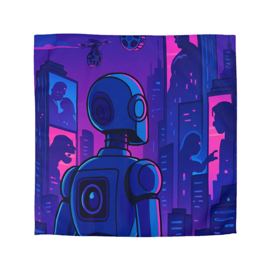 Séduisante housse de couette futuriste robot bleu néons drones anime horizon nuit