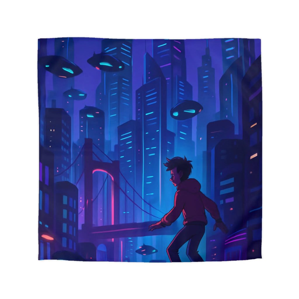 Housse de couette futuriste avec ville néon et skateur volant, ambiance cyberpunk moderne