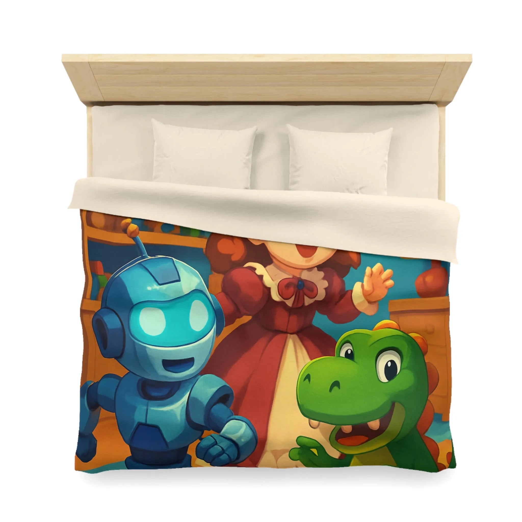 Housse de couette colorée avec robot, dinosaure et poupée en chambre enfantine
