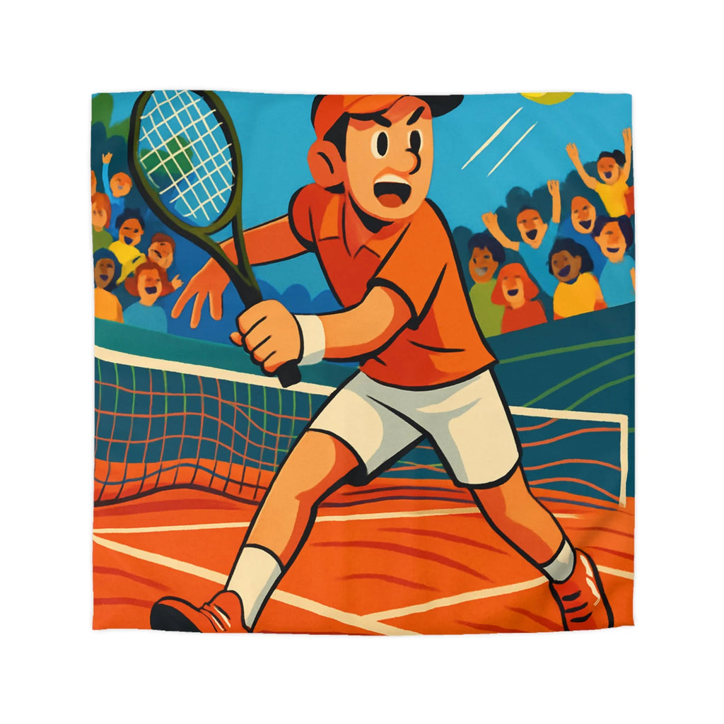 Dessin Animé Joueur de Tennis Dynamique en Action sur Court avec Public Enthousiaste
