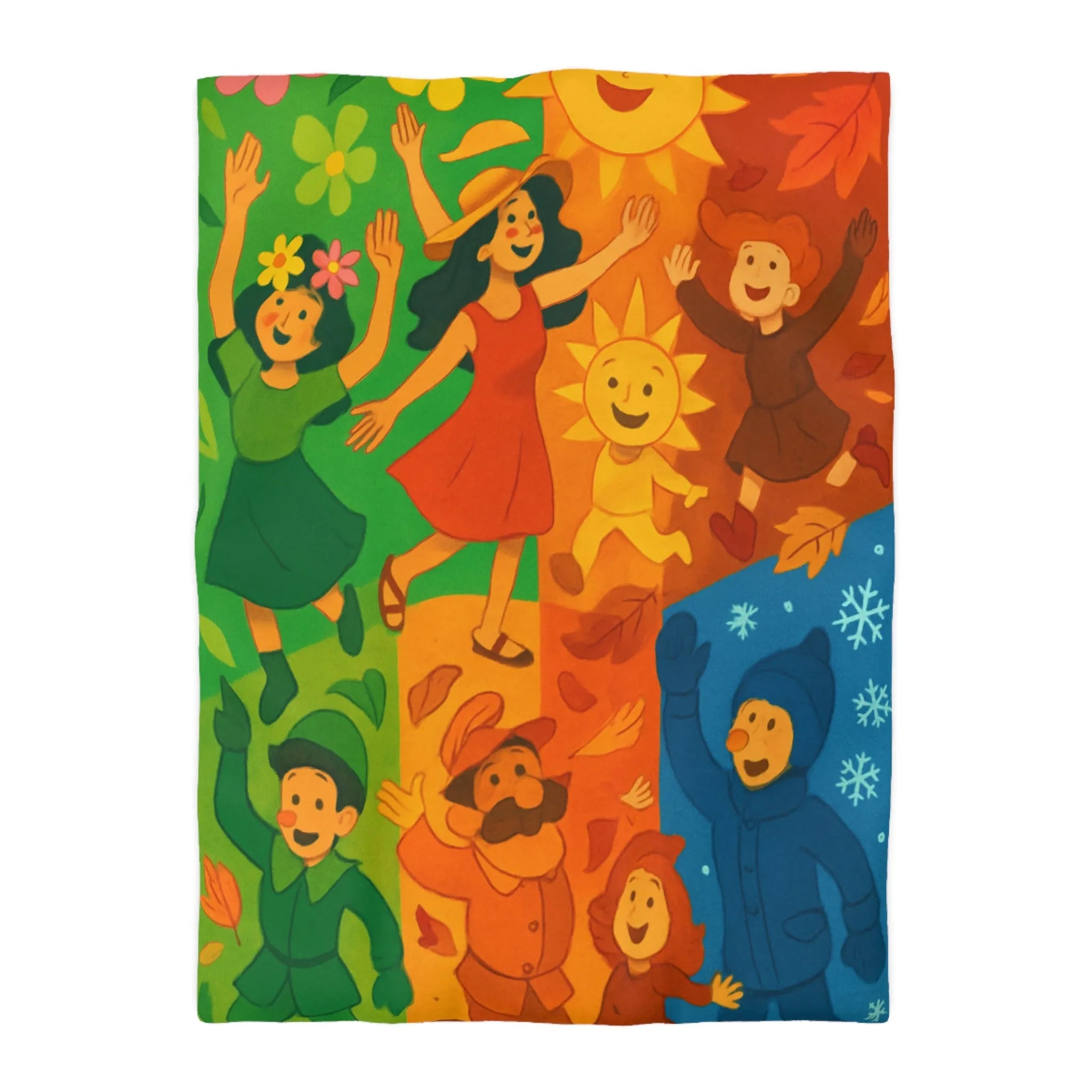 Housse de couette colorée illustrant les quatre saisons avec personnages joyeux et motifs vibrants