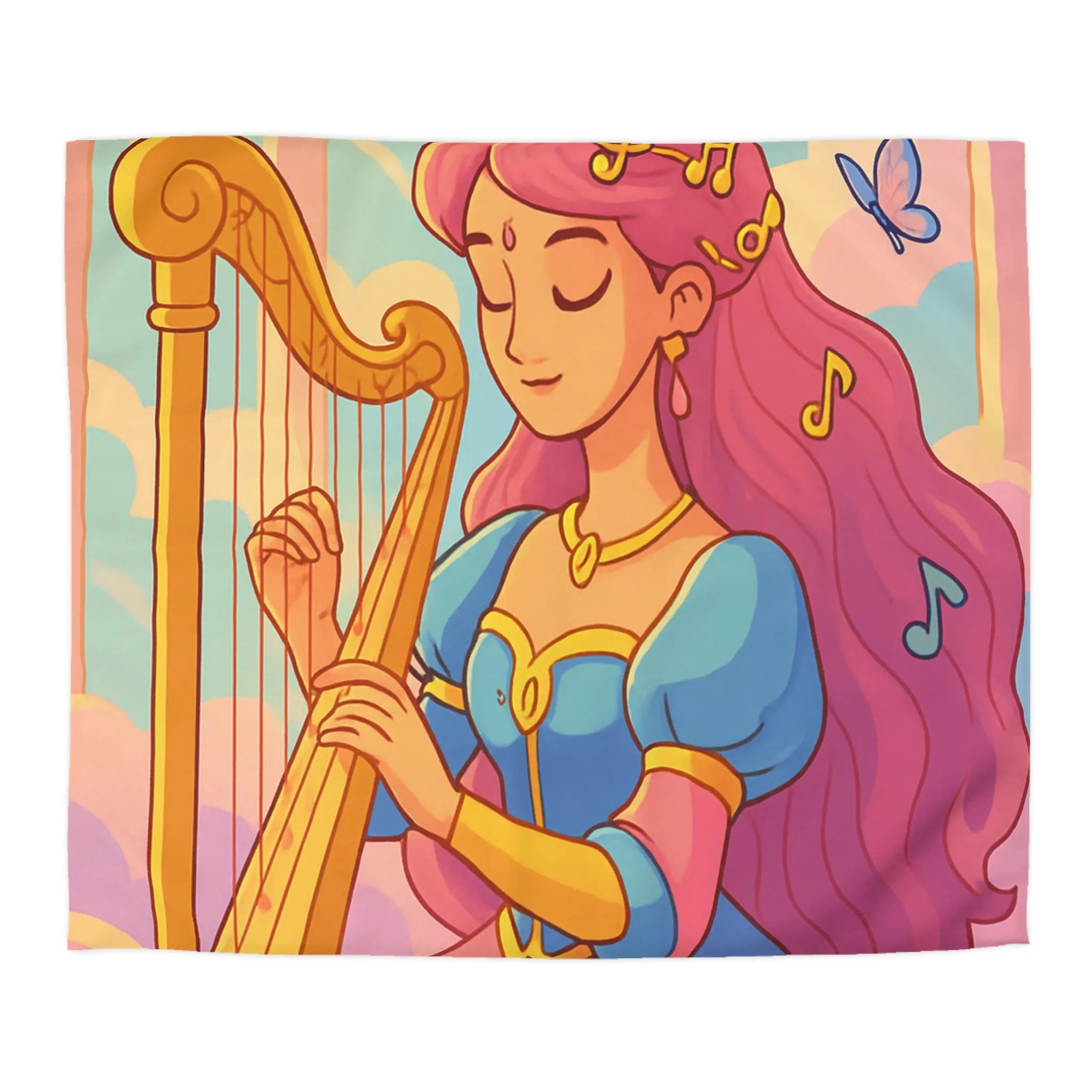 Housse de Couette Magique Princesse Jouant Harpe avec Oiseaux et Papillons Colorés