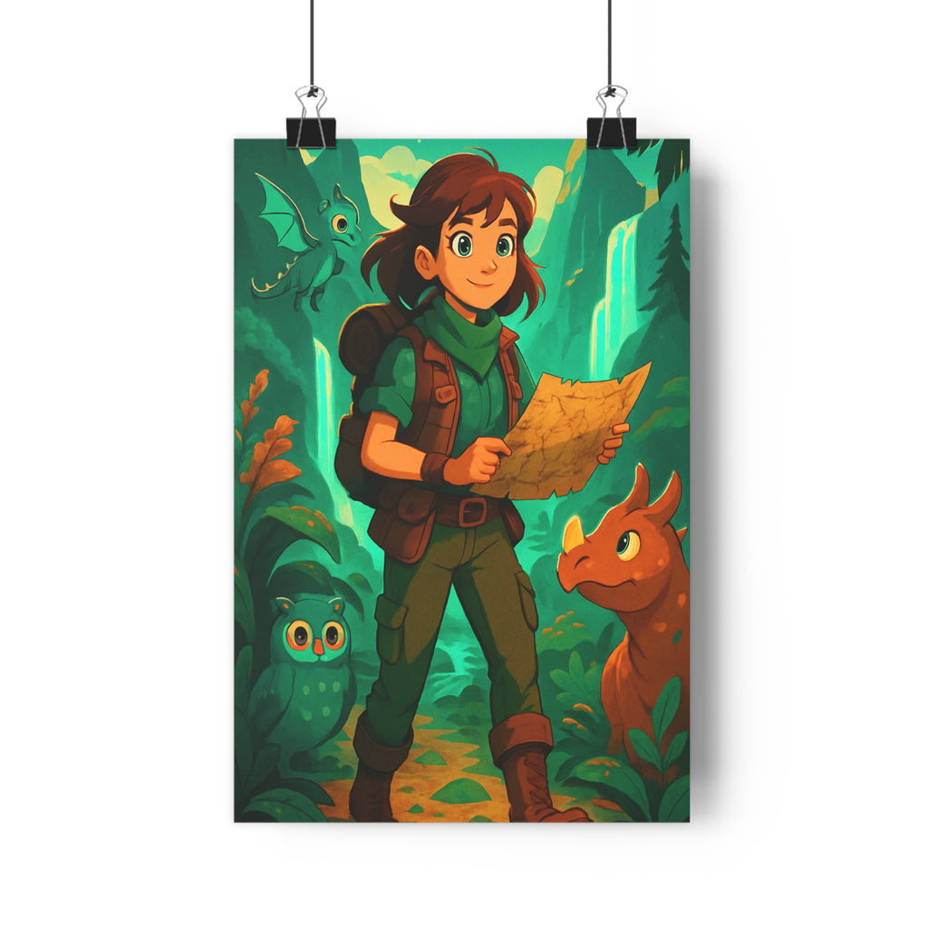 Poster décoratif fantasy aventure bleu vert enfant forêt créatures magique joyeux animé chambre salon