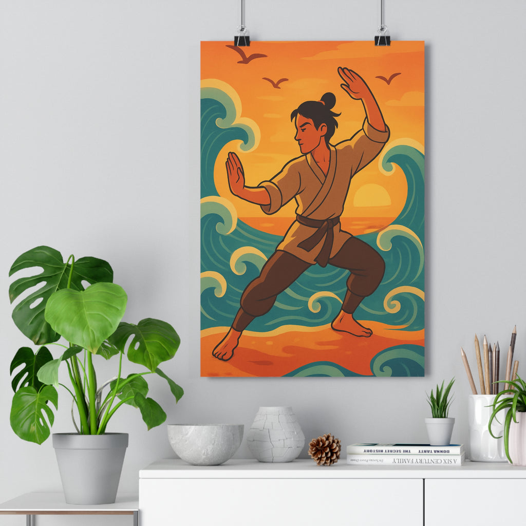 Poster décoratif yoga méditation bleu turquoise coucher soleil cartoon paisible salon chambre bureau zen