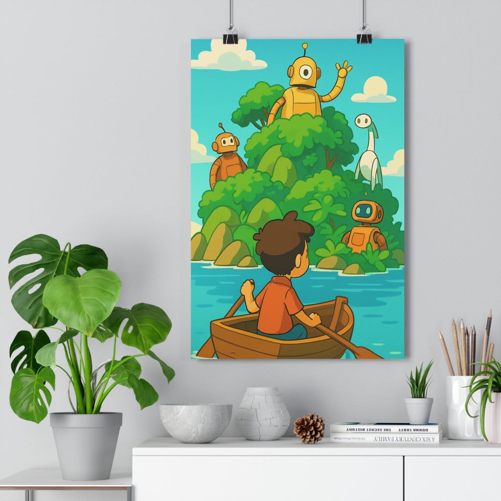 Poster décoratif enfant aventure illustration robot île verdoyante bleu orange nature rêveur chambre qualité