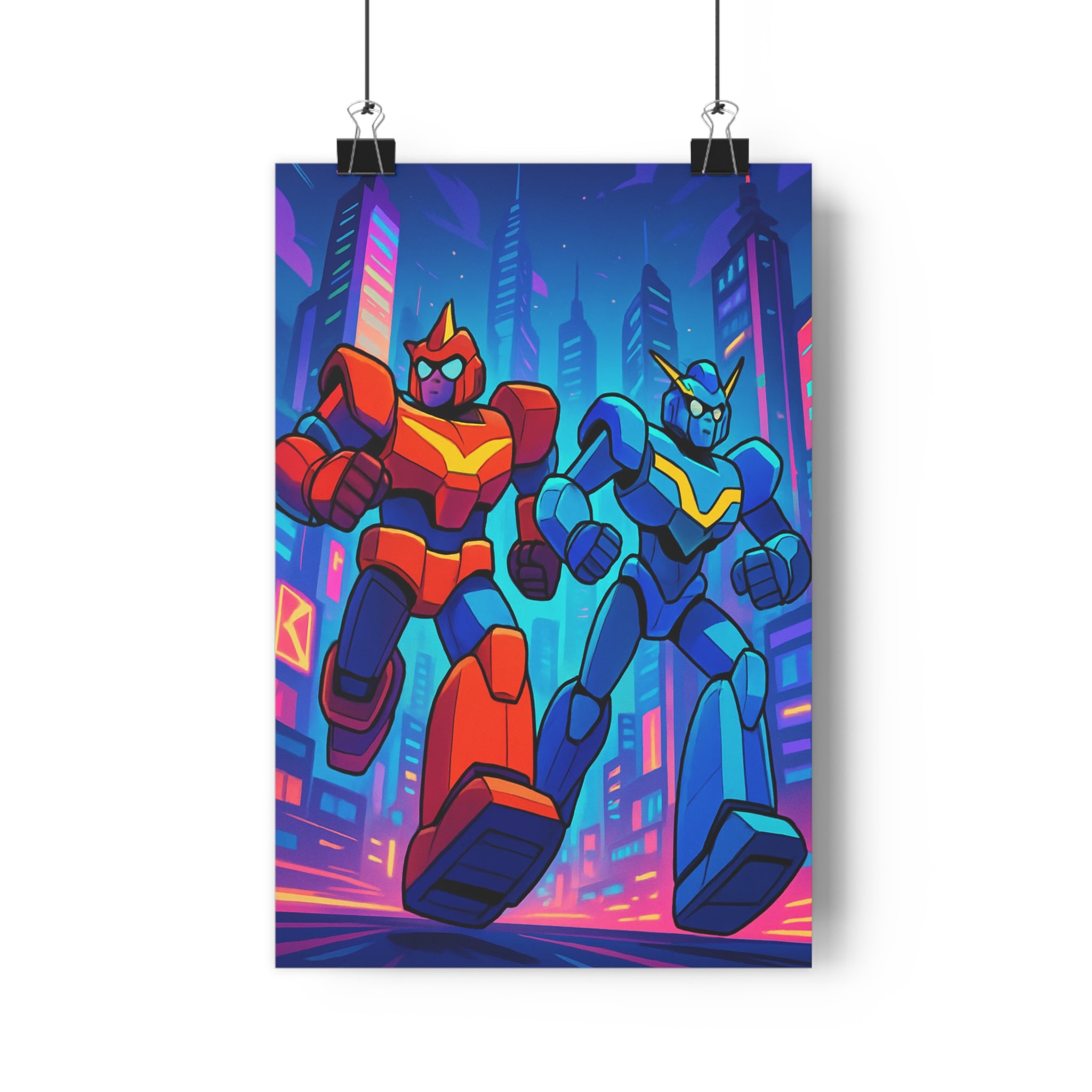 Poster décoratif dynamique rouge bleu violet moderne futuriste géants robots ville chambre ado bureau
