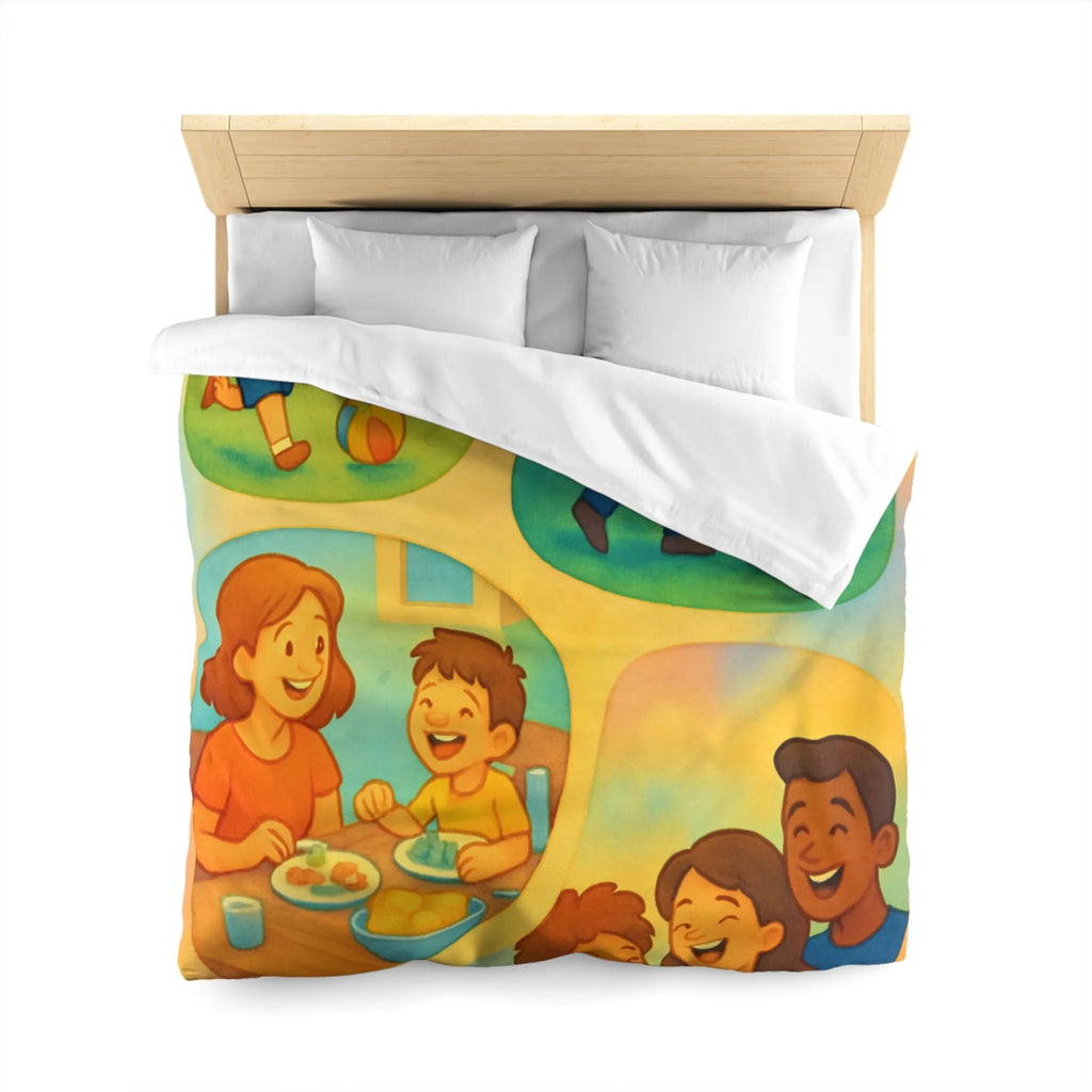 Housse de couette colorée illustrant des scènes joyeuses de la vie quotidienne familiale