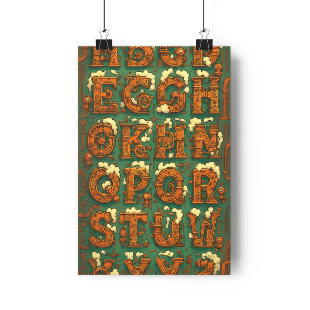 Poster décoratif industriel steampunk rétro futuriste orange cuivré bleuvert bureau chambre design original ambiance