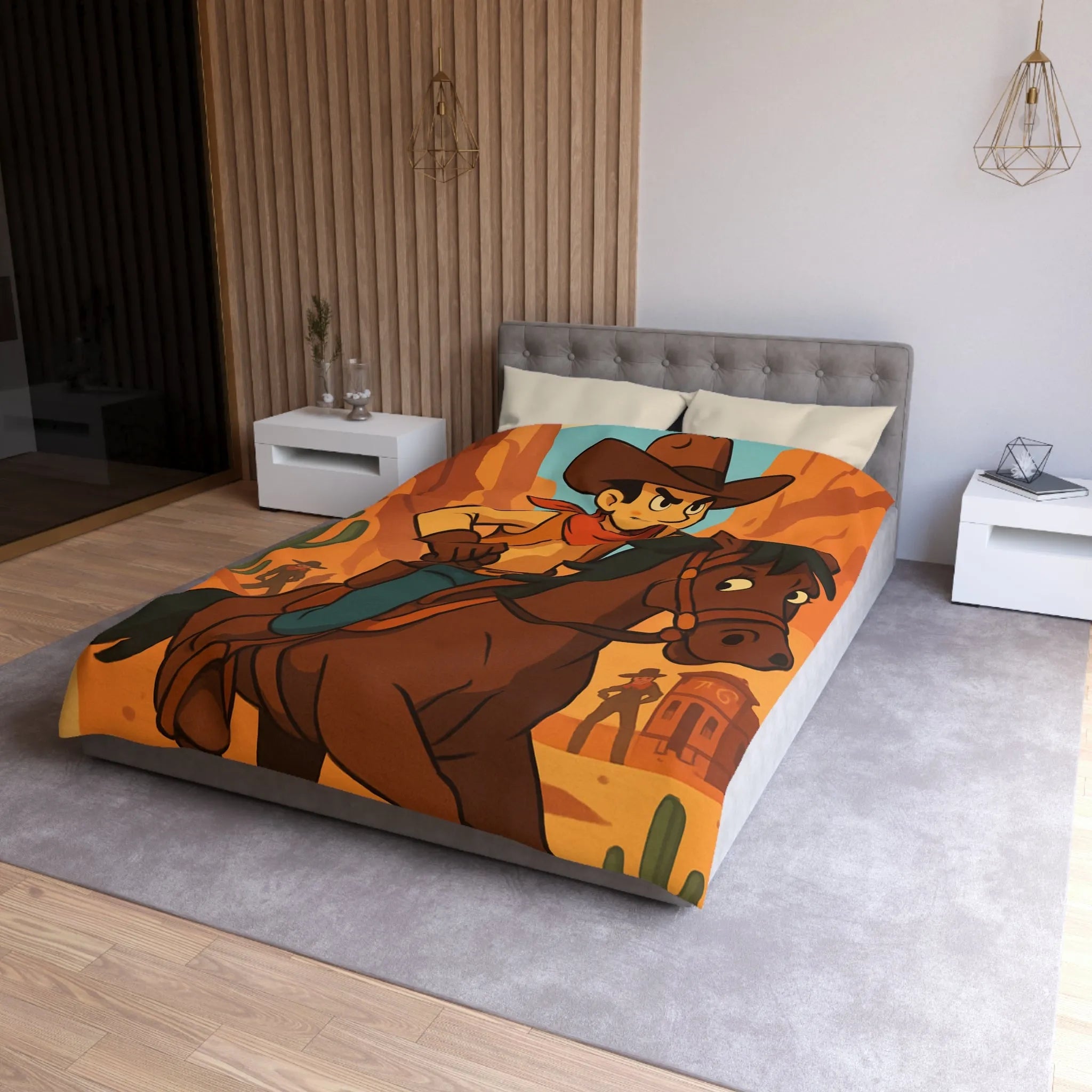 Housse de couette avec cavalier de dessin animé dans paysage désertique occidental