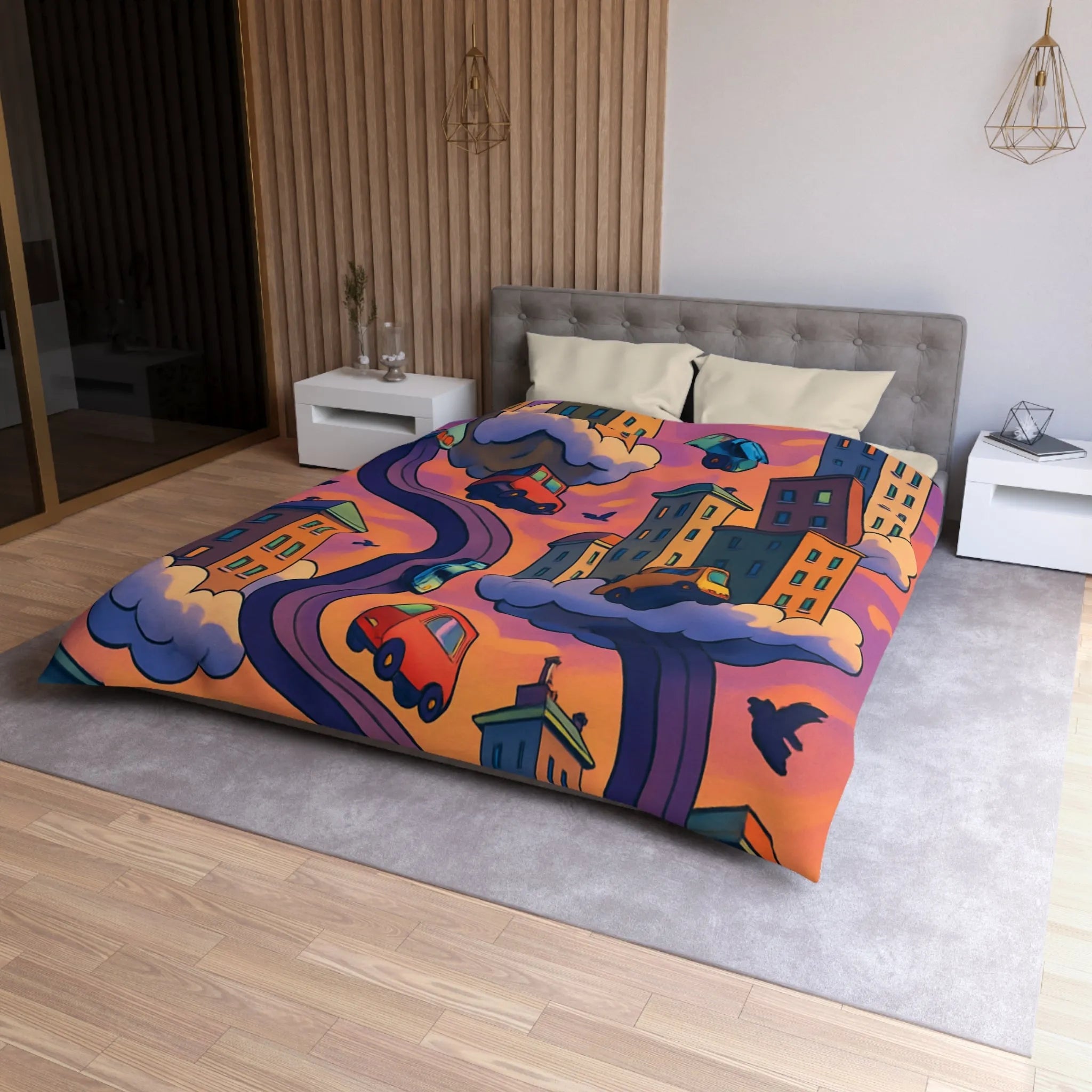 Housse de couette artistique avec voitures volantes et gratte-ciels à l'aube colorée