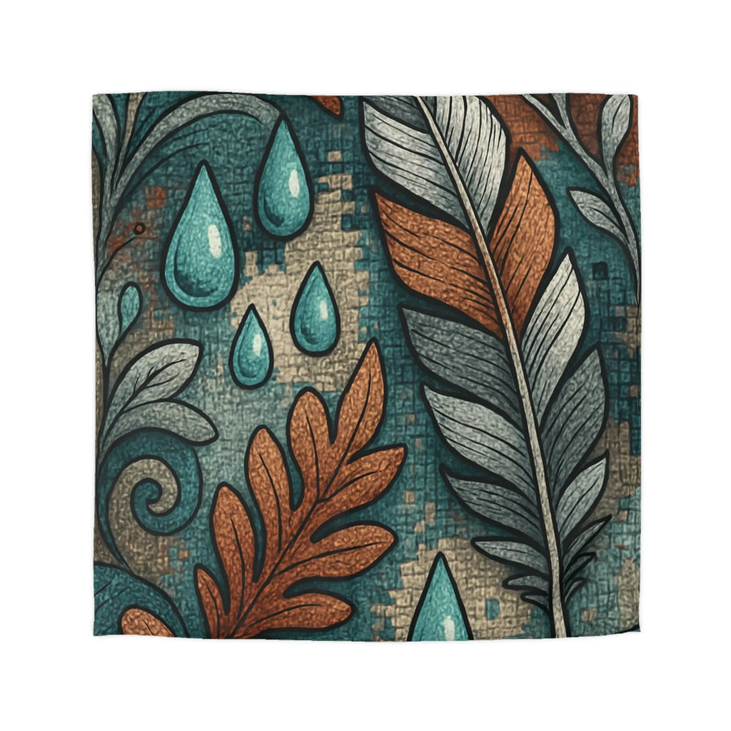 Housse de Couette Élégante avec Plumes et Feuilles, Teintes Bleues et Oranges