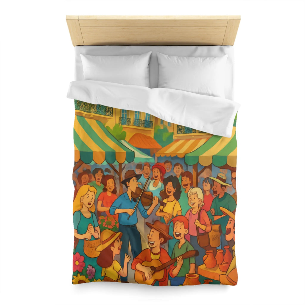 Housse de couette colorée avec scène de marché animé et ambiance joyeuse en plein air