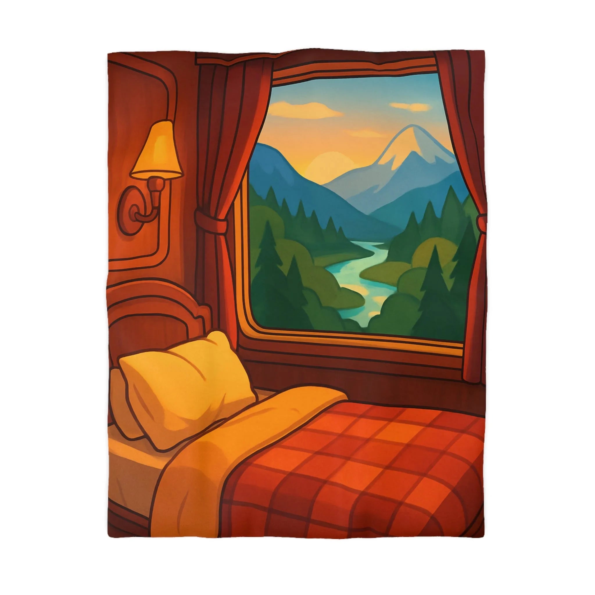 Housse de couette ambiance montagne, cadre chaleureux, illustration coucher de soleil panoramique