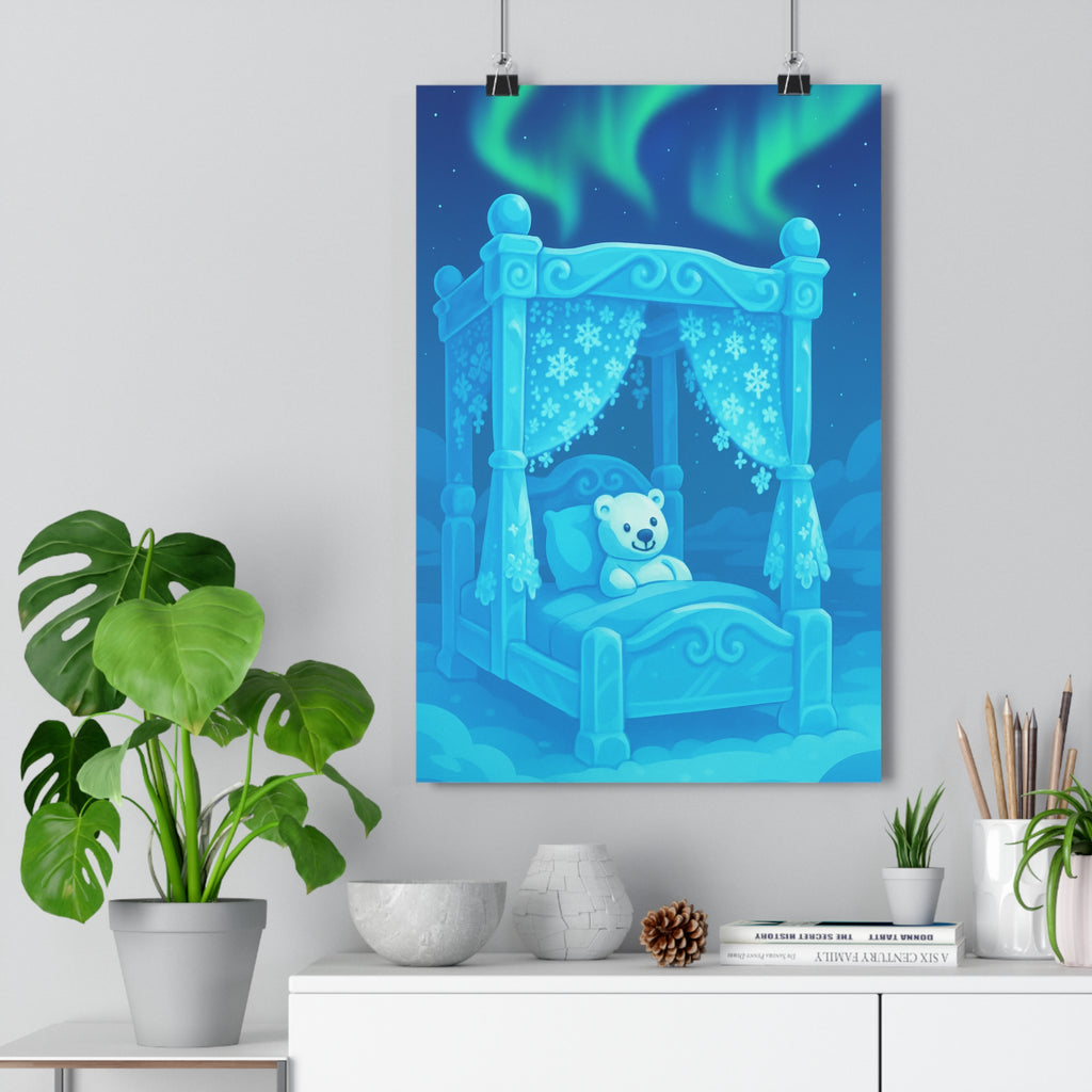Poster décoratif bleu blanc féerique hivernal magique apaisant chambre enfant ours polaire 30x46 qualité