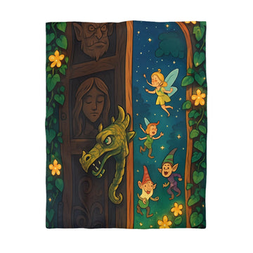 Housse de couette magique avec fées et lutins dans une forêt enchantée la nuit