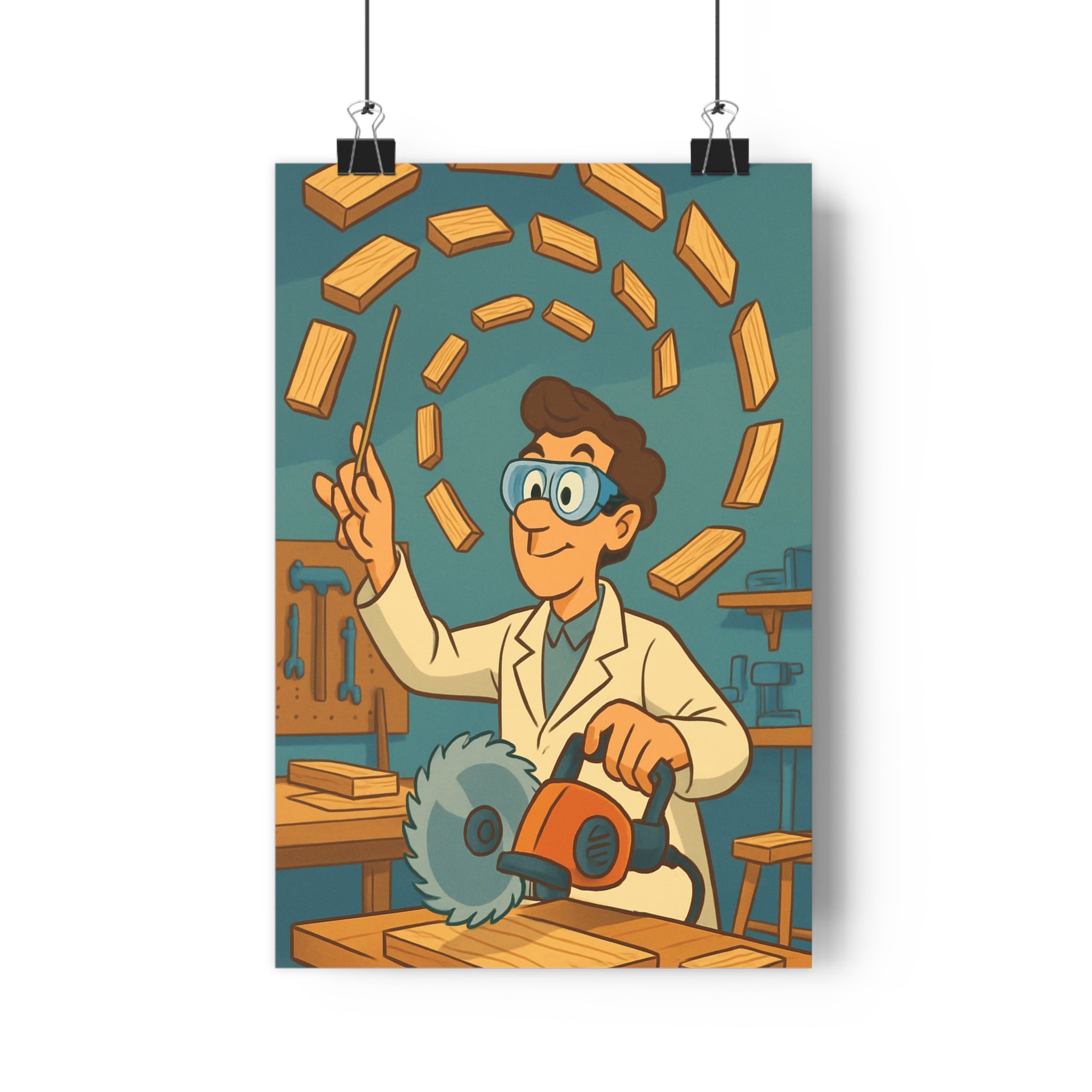 Poster décoratif industriel créatif bois bleu dessin animé dynamique atelier bureau moderne ambiance inventive