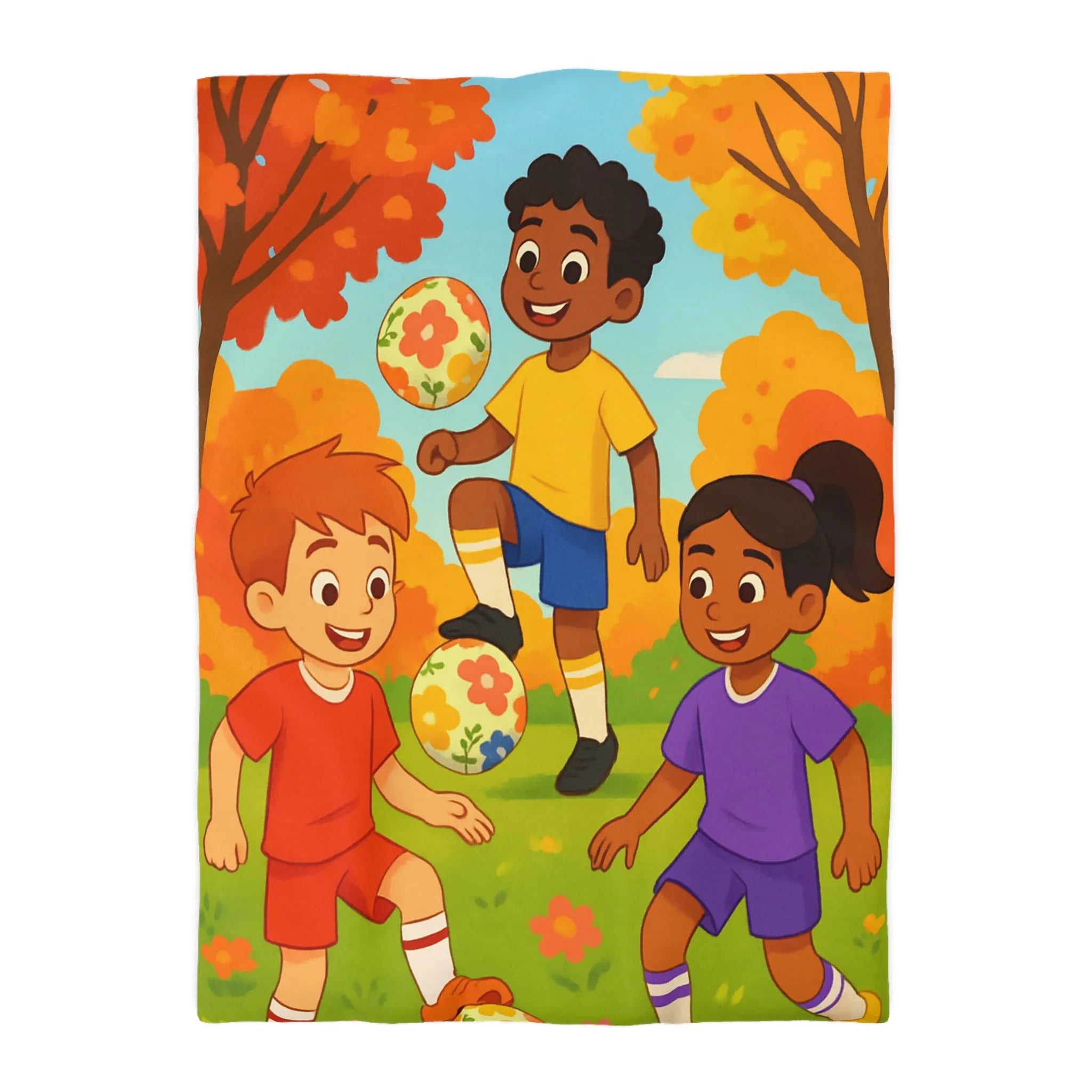 Housse de Couette Enfant Animée, Jeu de Ballon en Automne aux Couleurs Vives