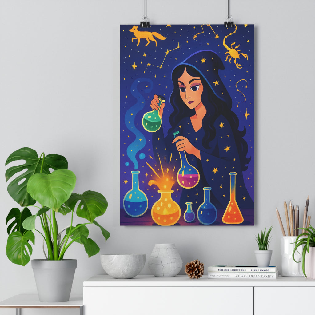 Poster décoratif magique mystique femme alchimiste constellation ciel étoilé bleu doré salon chambre ambiance