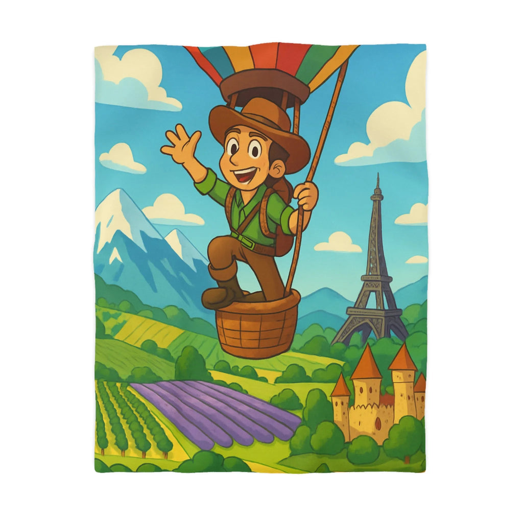 Charmant voyageur en montgolfière surplombant paysages français, champs et monuments emblématiques