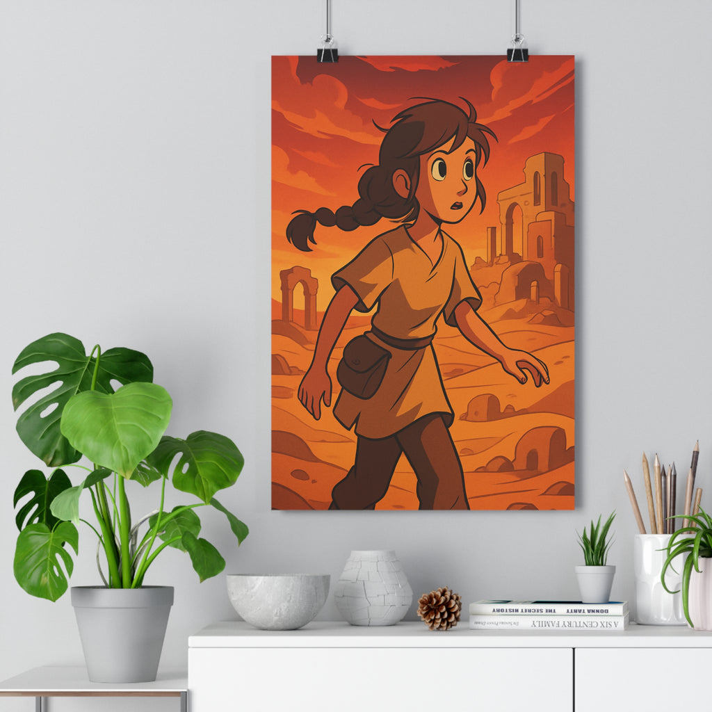 Poster décoratif aventure désert doré cartoon jeune fille ruines ciel salon chambre exploration qualité