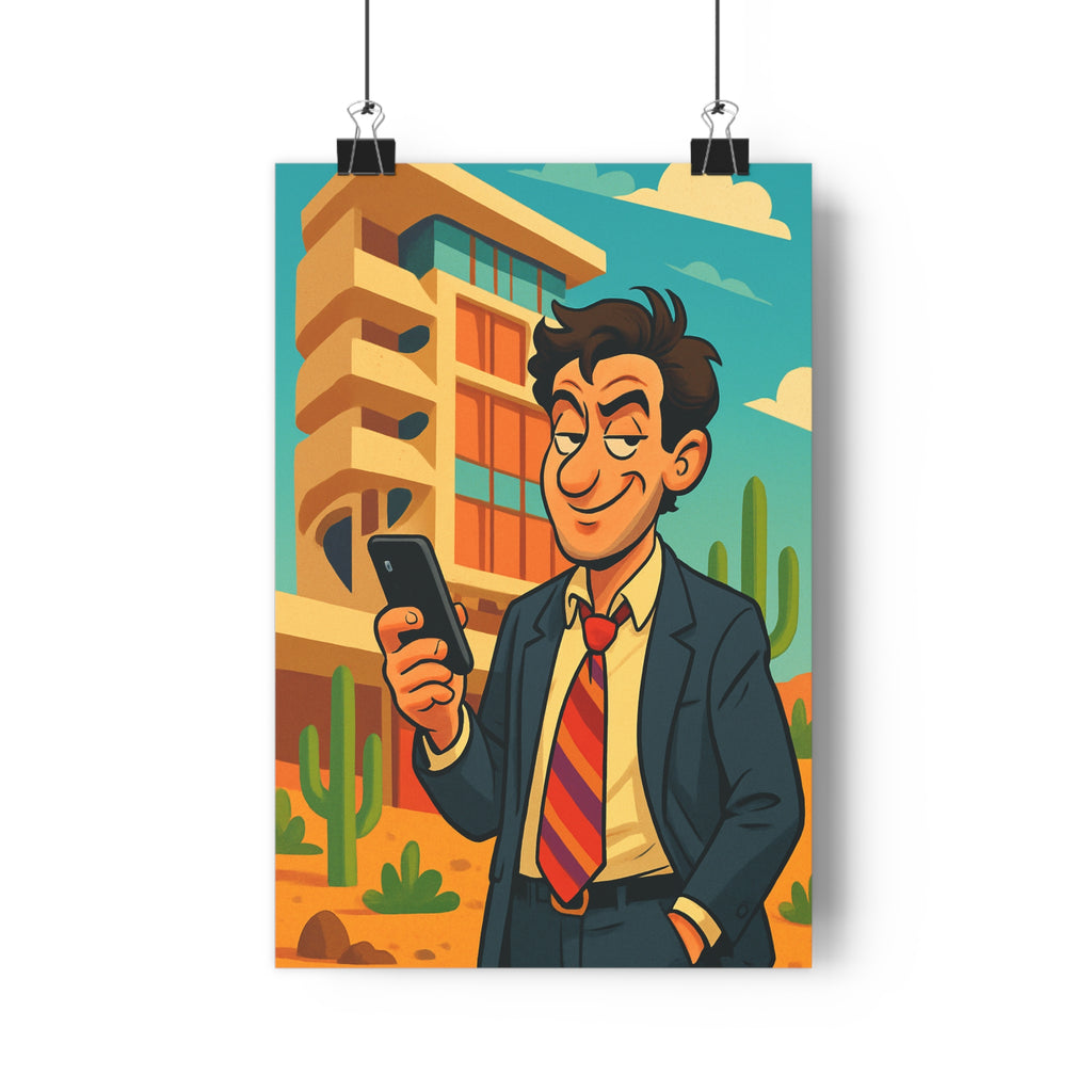 Poster décoratif cartoon stylisé coloré vibrant moderne bureau salon costume cravate personnage bâtiment cactus