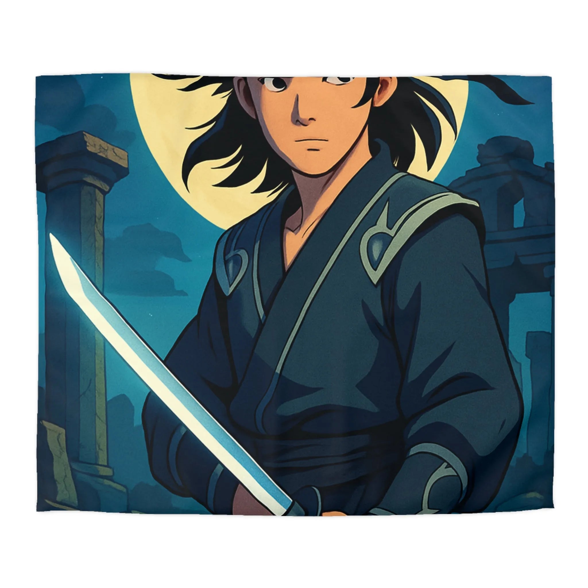 Housse de couette épique avec guerrier anime sous lune mystique et ruines anciennes