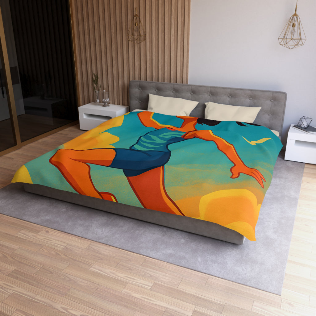 Housse de couette sportive colorée, femme jouant freesbee sous ciel bleu dynamique ultime