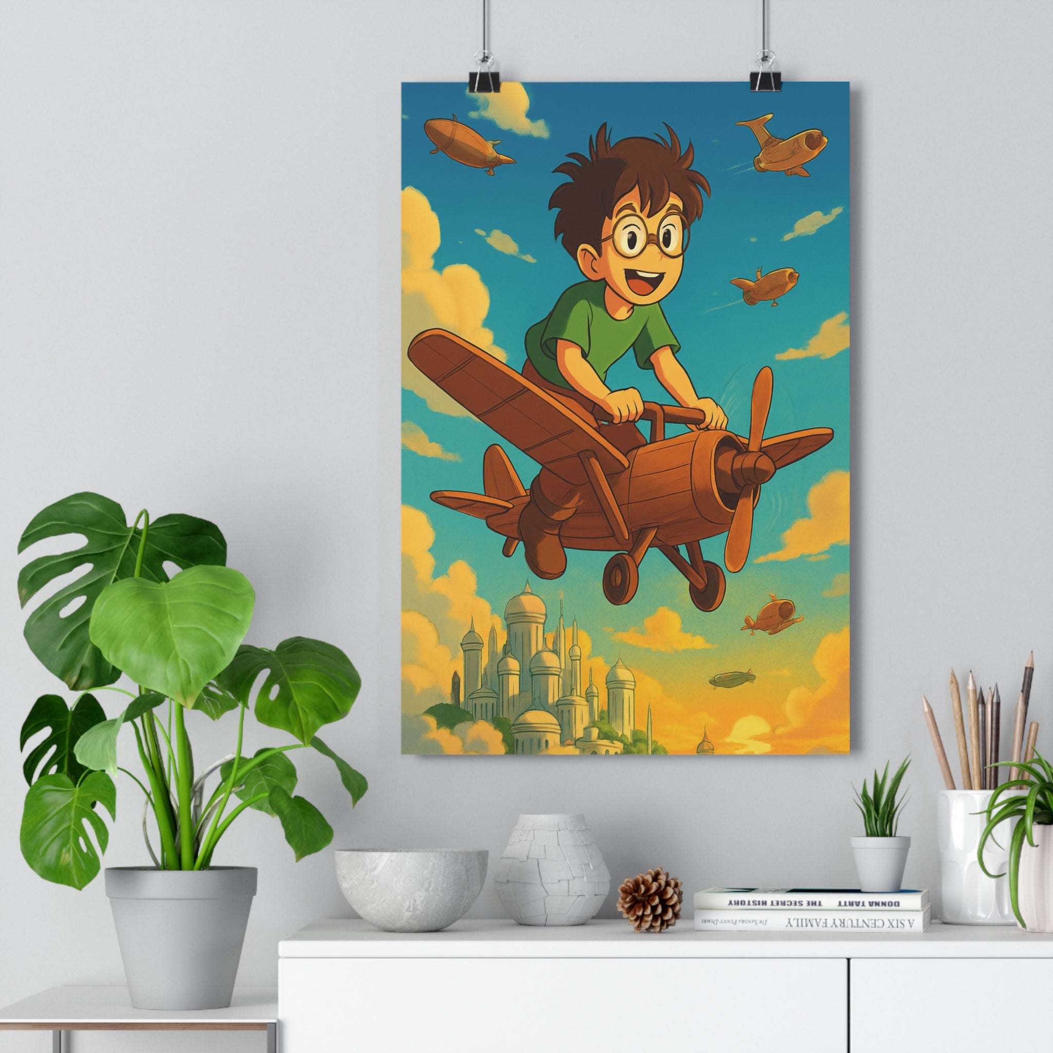 Poster décoratif animé rétrofuturiste rêveur joyeux enfant chambre nuages avion bois cité aérienne qualité