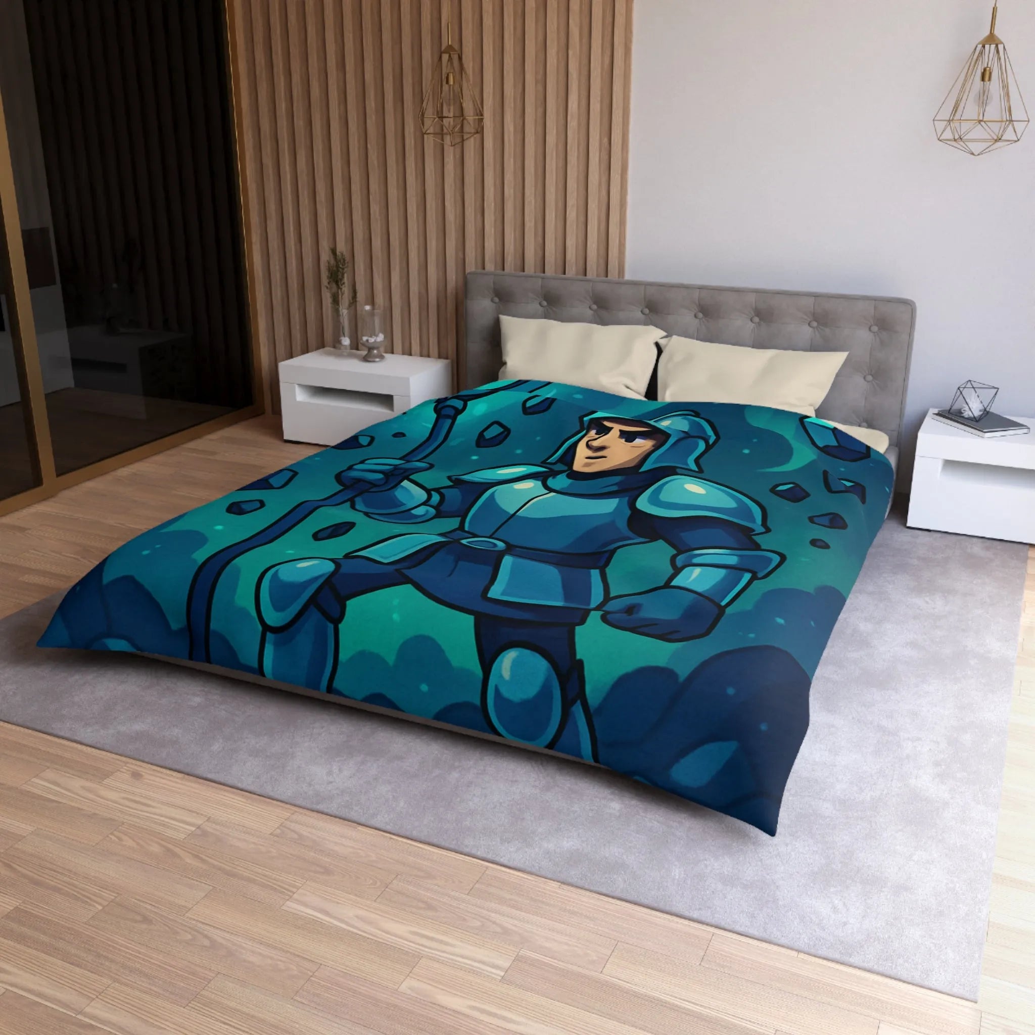 Housse de couette chevalier bleu avec sceptre magique et pierres précieuses sur fond nocturne