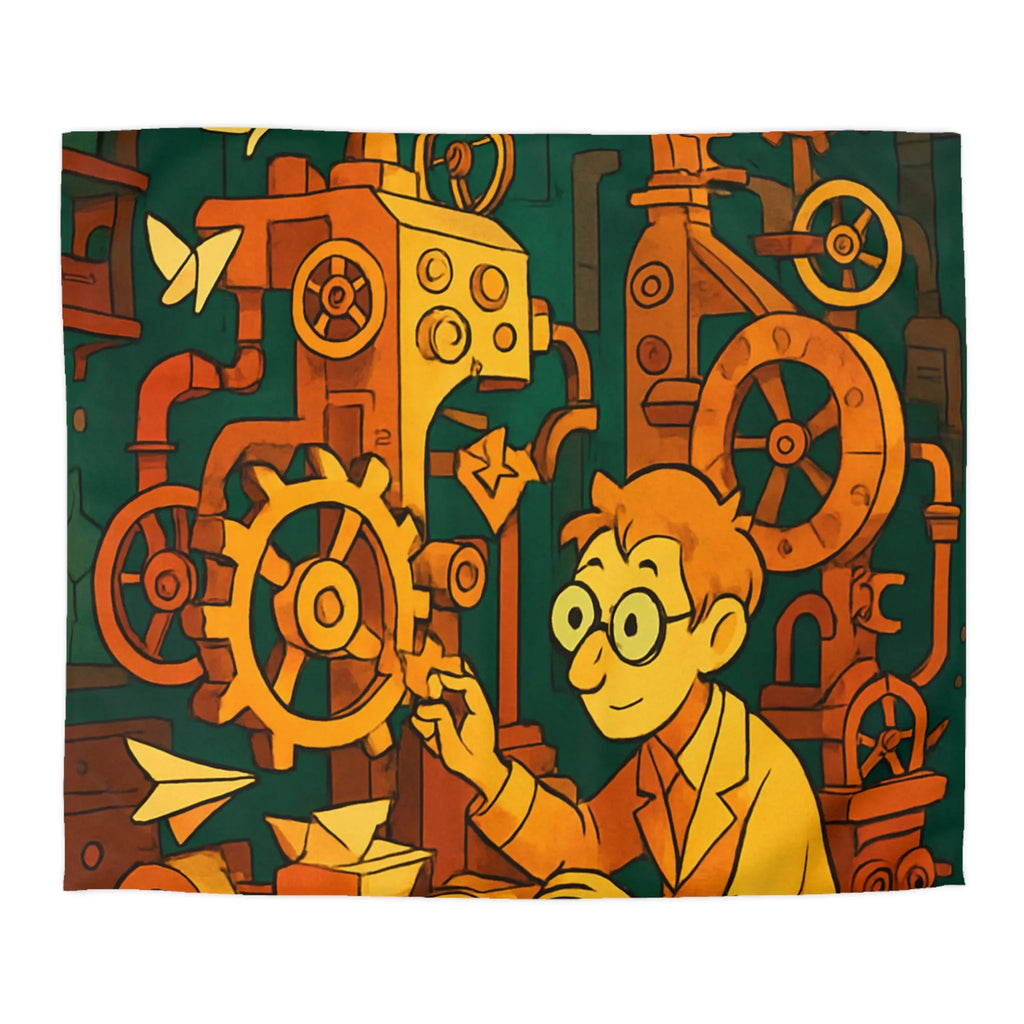 Housse de couette machine steampunk colorée avec papillons et ingénieur rêveur illustration automne