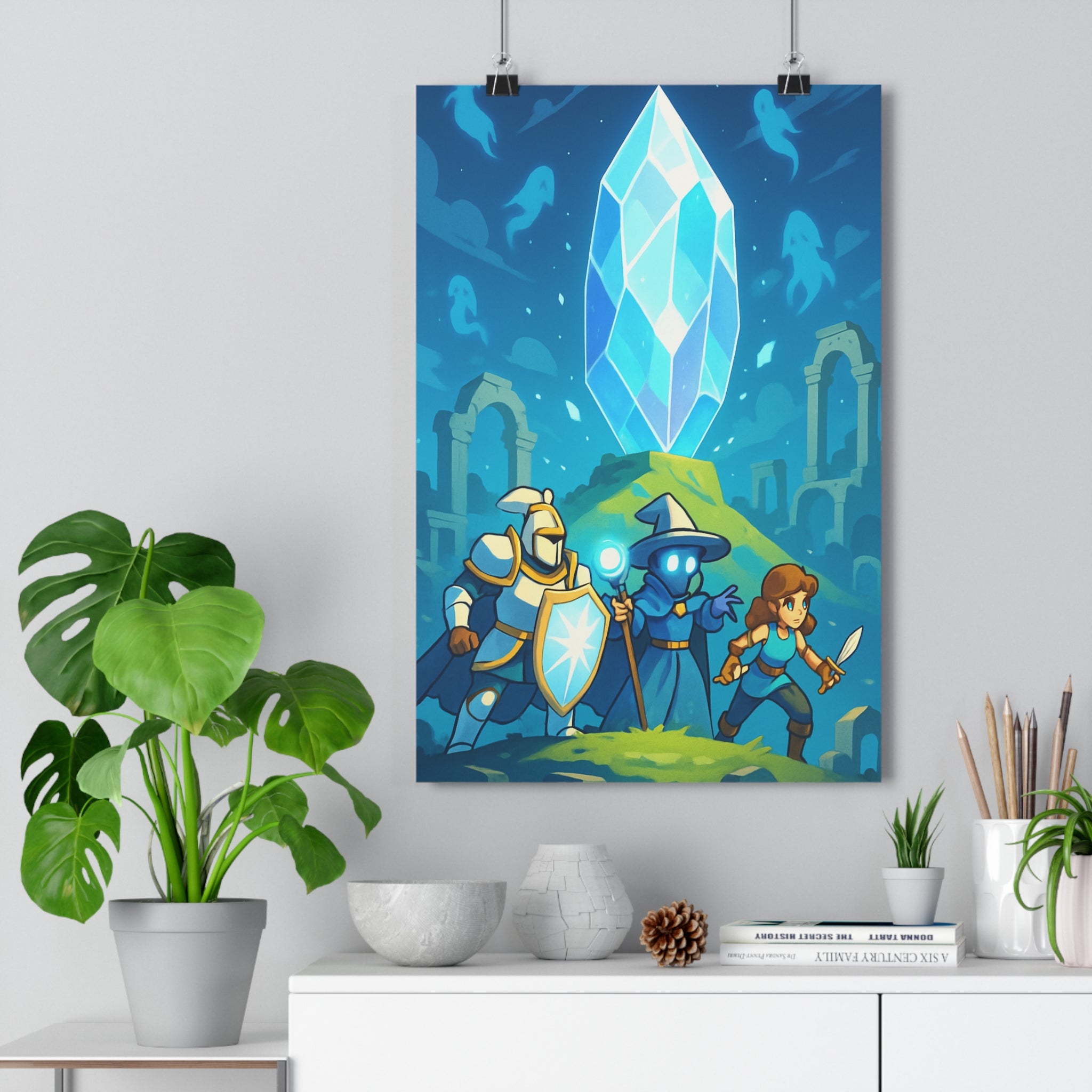 Poster décoratif anime épique bleu aventurier chevalier cristal lumineux mystique chambre salon ruines spectrales