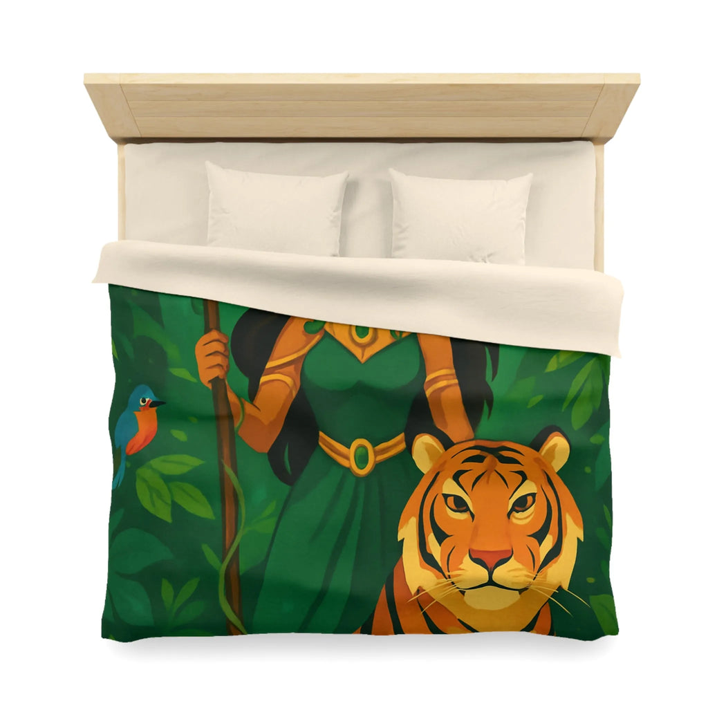 Housse de couette exotique avec tigre royal et gardienne mystique en forêt luxuriante