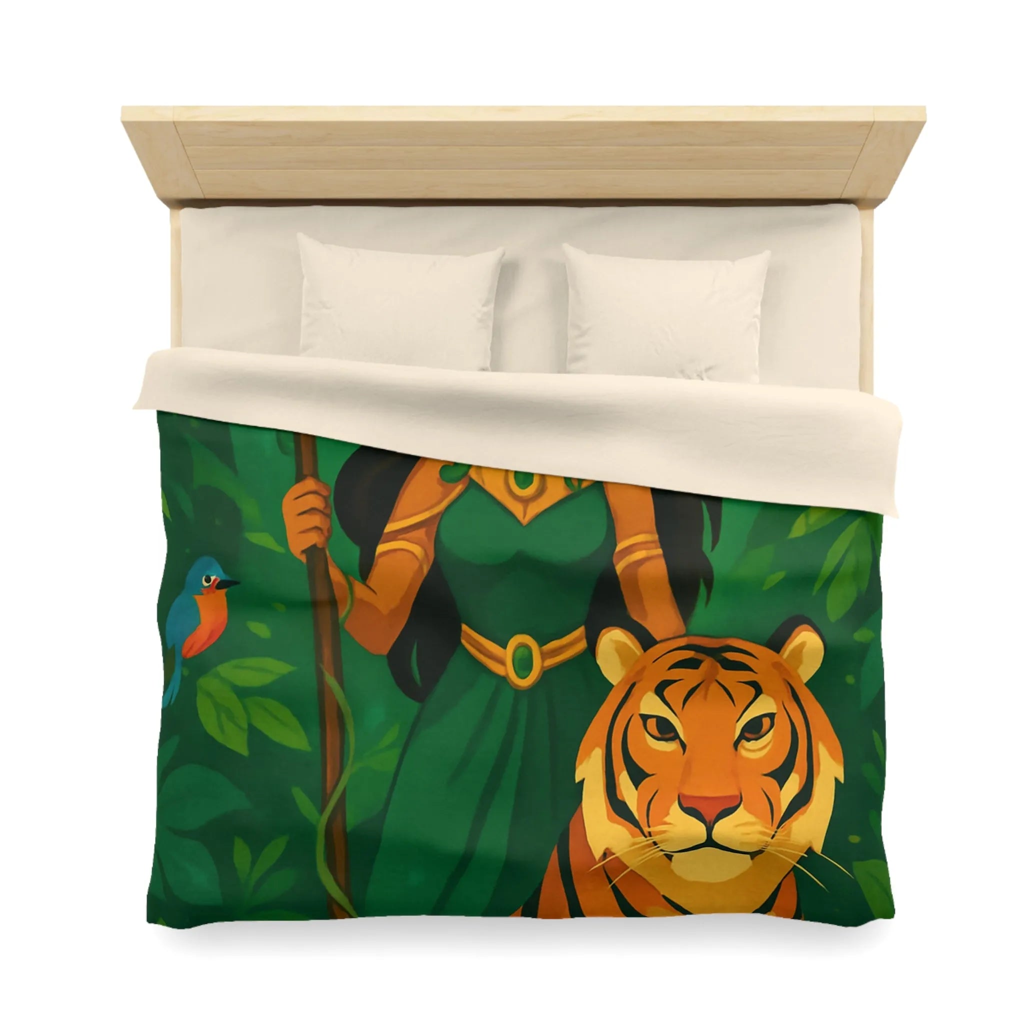Housse de couette exotique avec tigre royal et gardienne mystique en forêt luxuriante