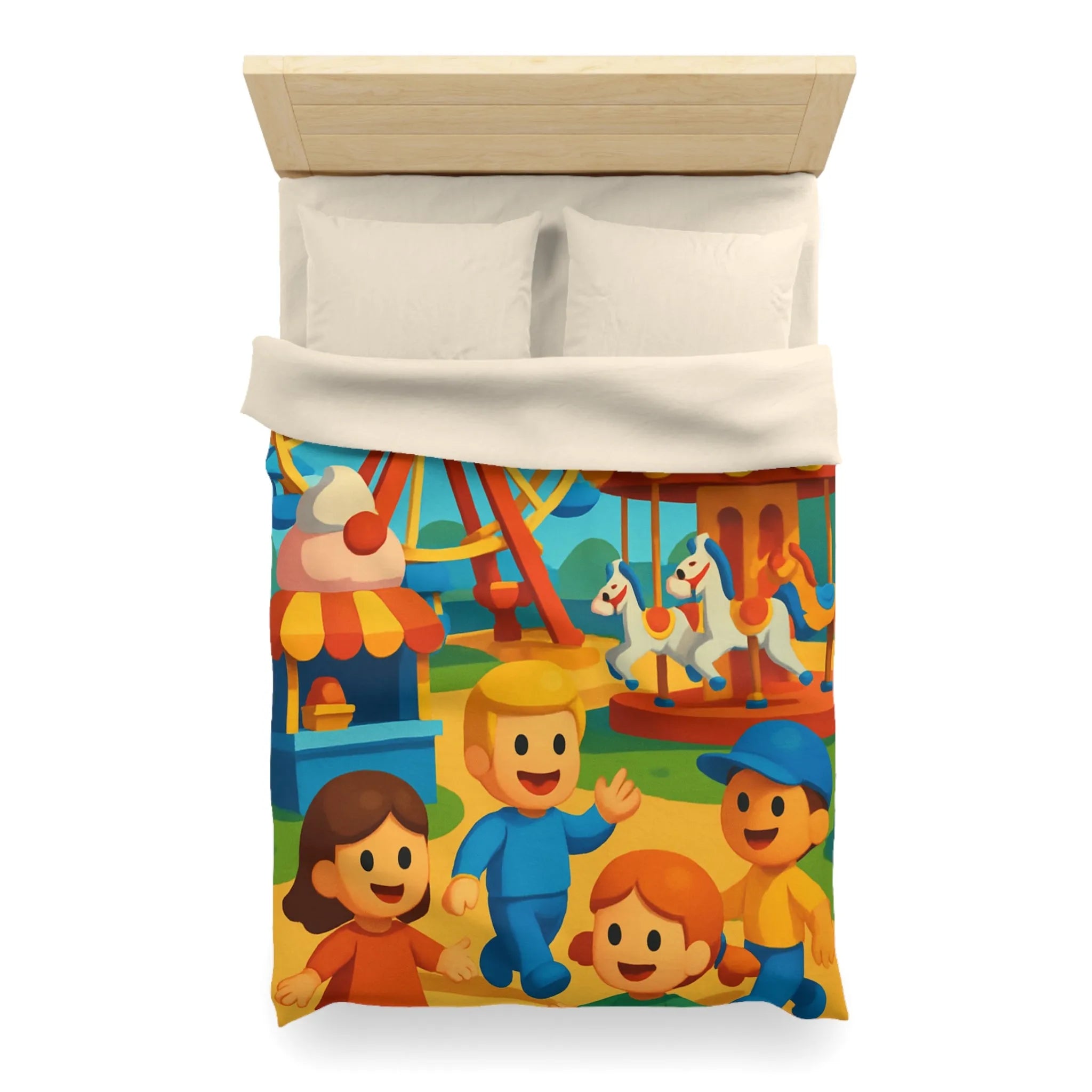 Housse de couette joyeuse avec motifs de fête foraine colorée et enfants souriants