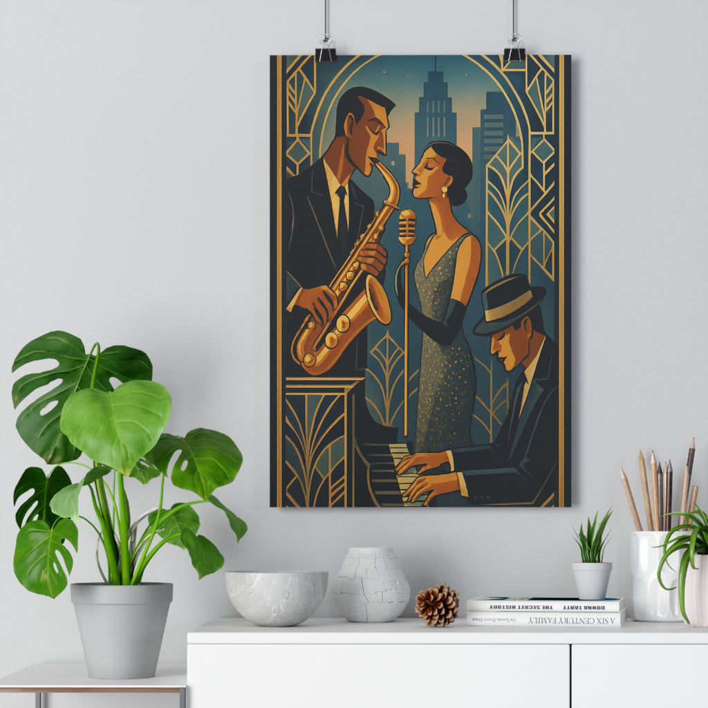 Poster décoratif jazz moderne art déco élégant urbain salon musicien saxophoniste chanteuse pianiste 30x46