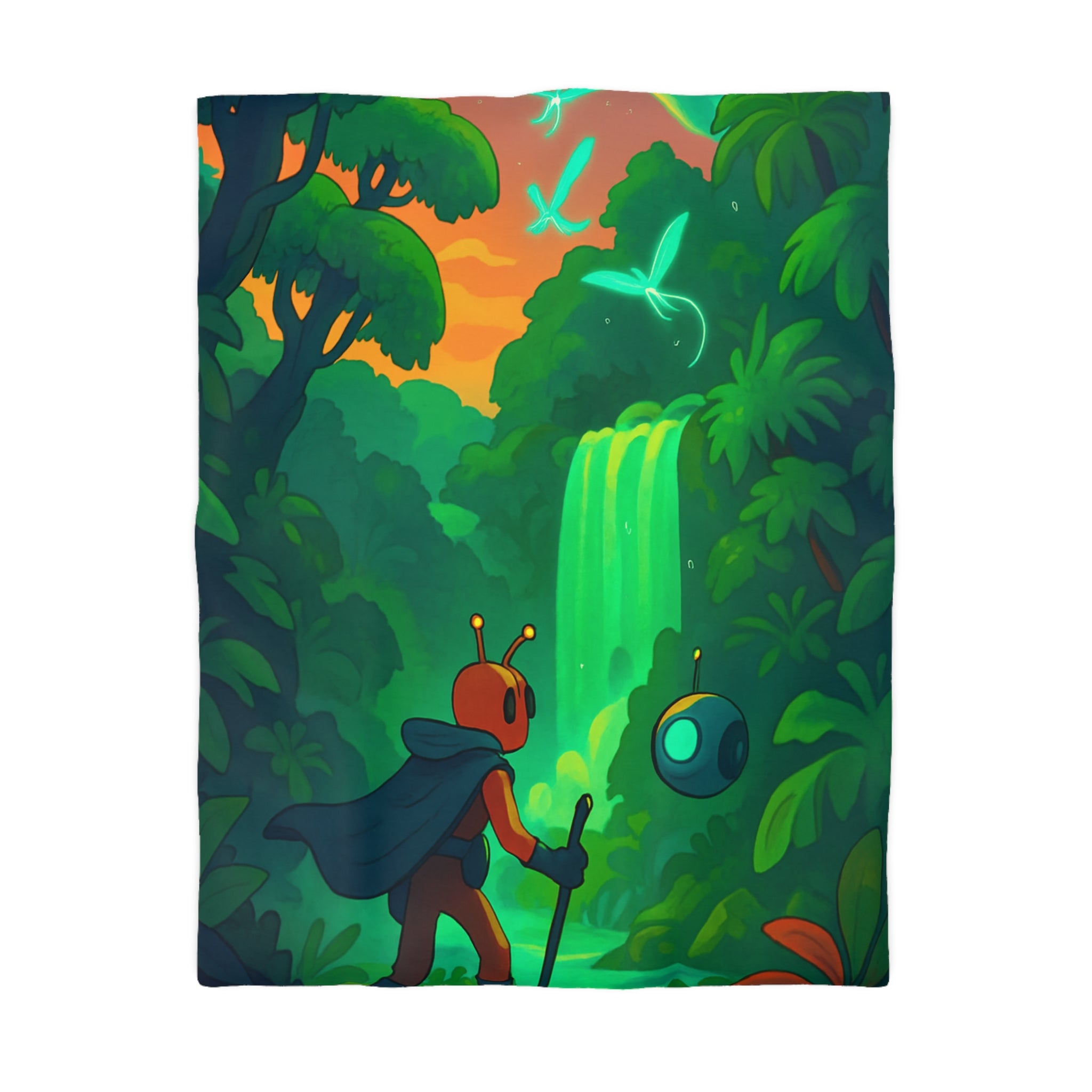 Housse de couette vibrante avec paysage extraterrestre mystérieux et personnage aventurier