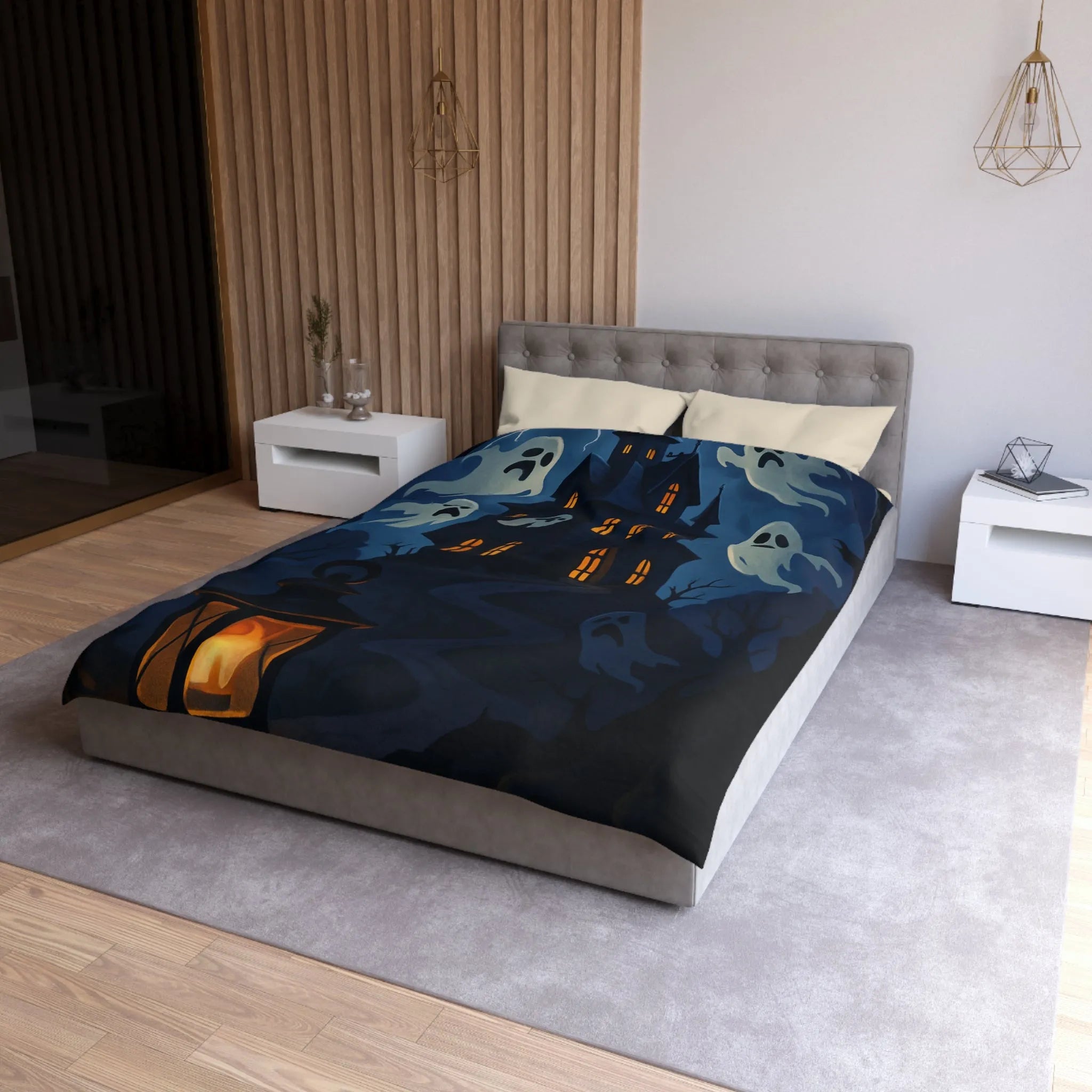 Housse de couette avec château hanté, fantômes, ciel orageux et lanterne mystérieuse