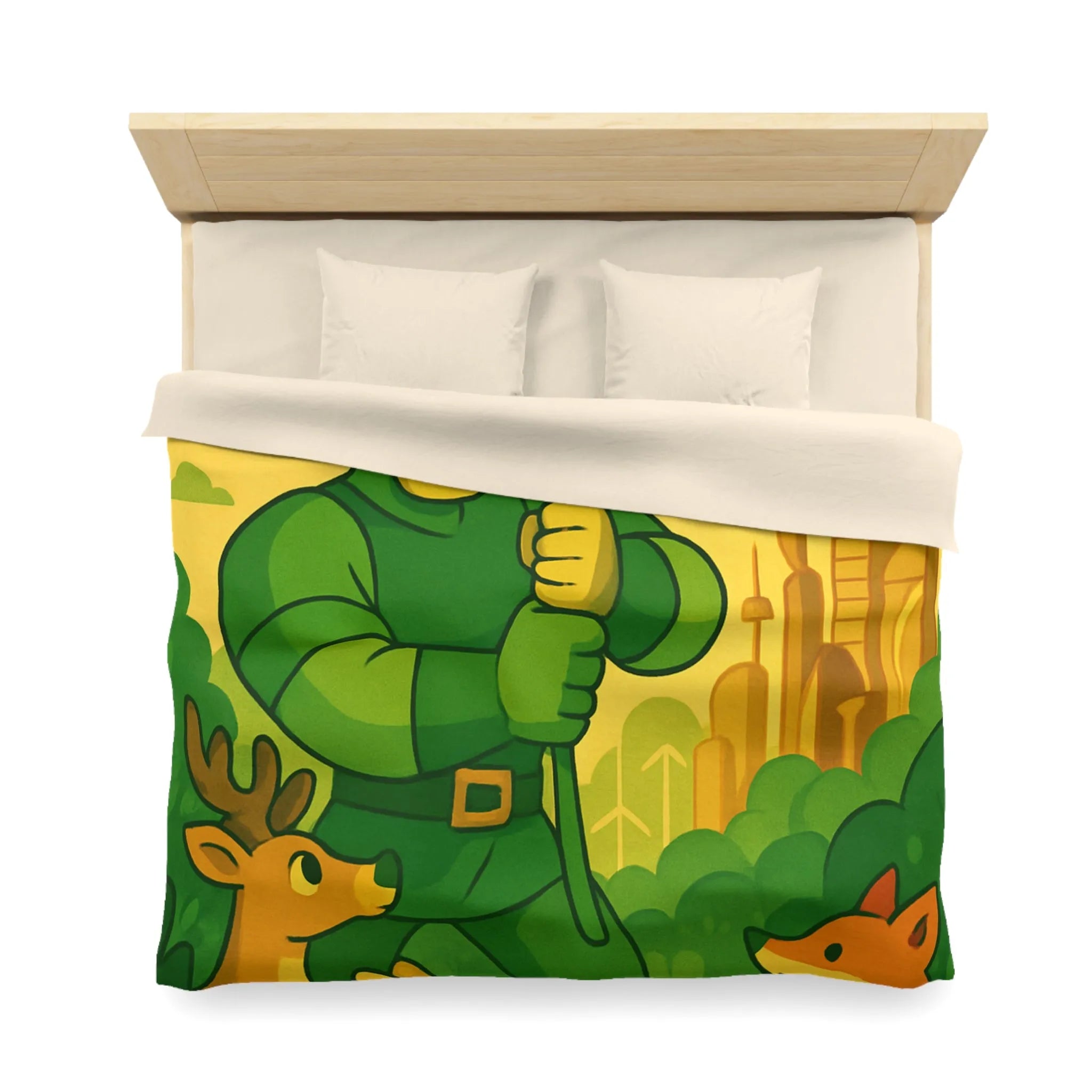 Housse de couette avec illustration végétale et animaux dans une ambiance futuriste naturelle